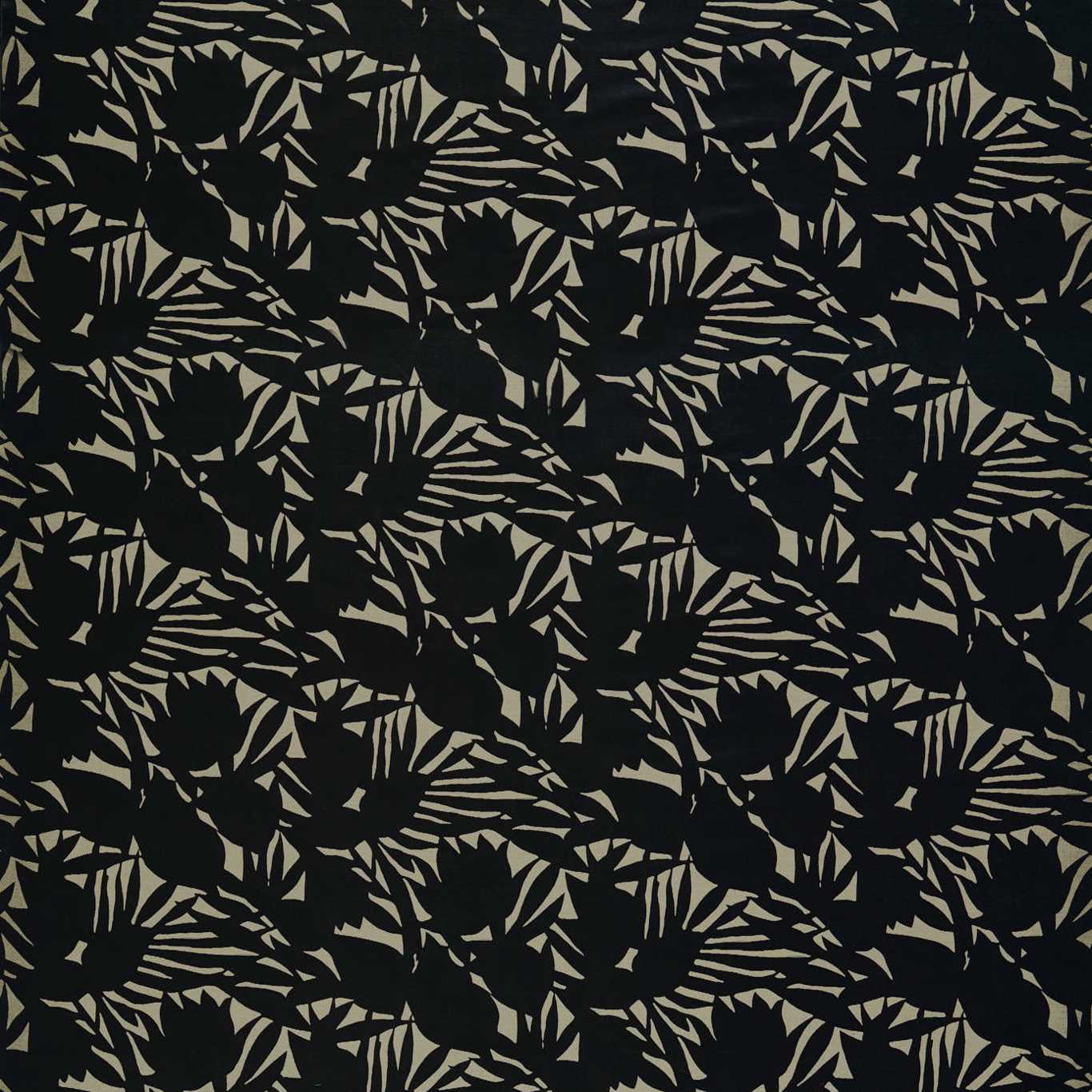 Black fabric with beige botanical floral pattern featuring tulip-like blooms and leaves in a repeating print.