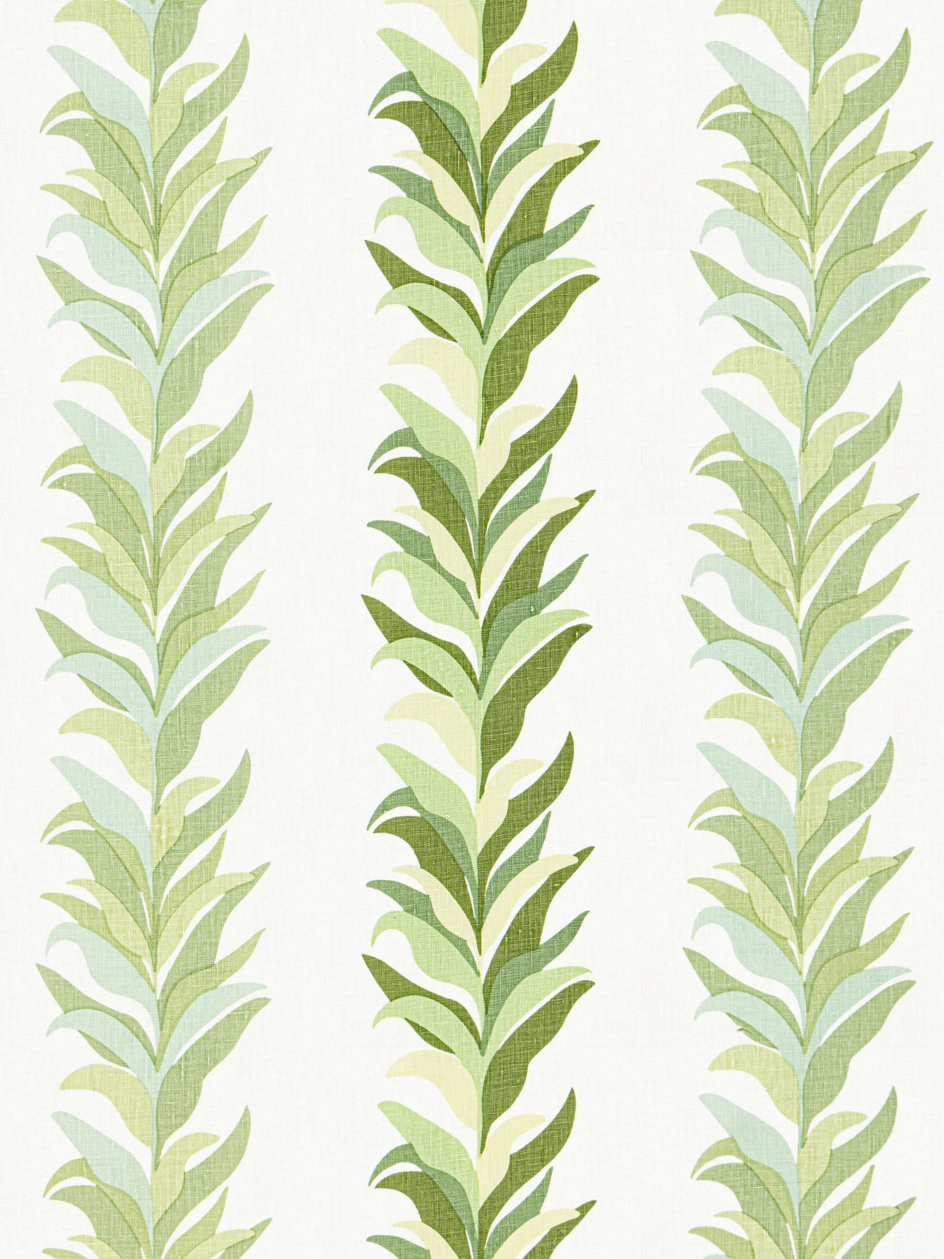 Three vertical leafy columns in green hues on a light background; botanical leaf print on fabric.