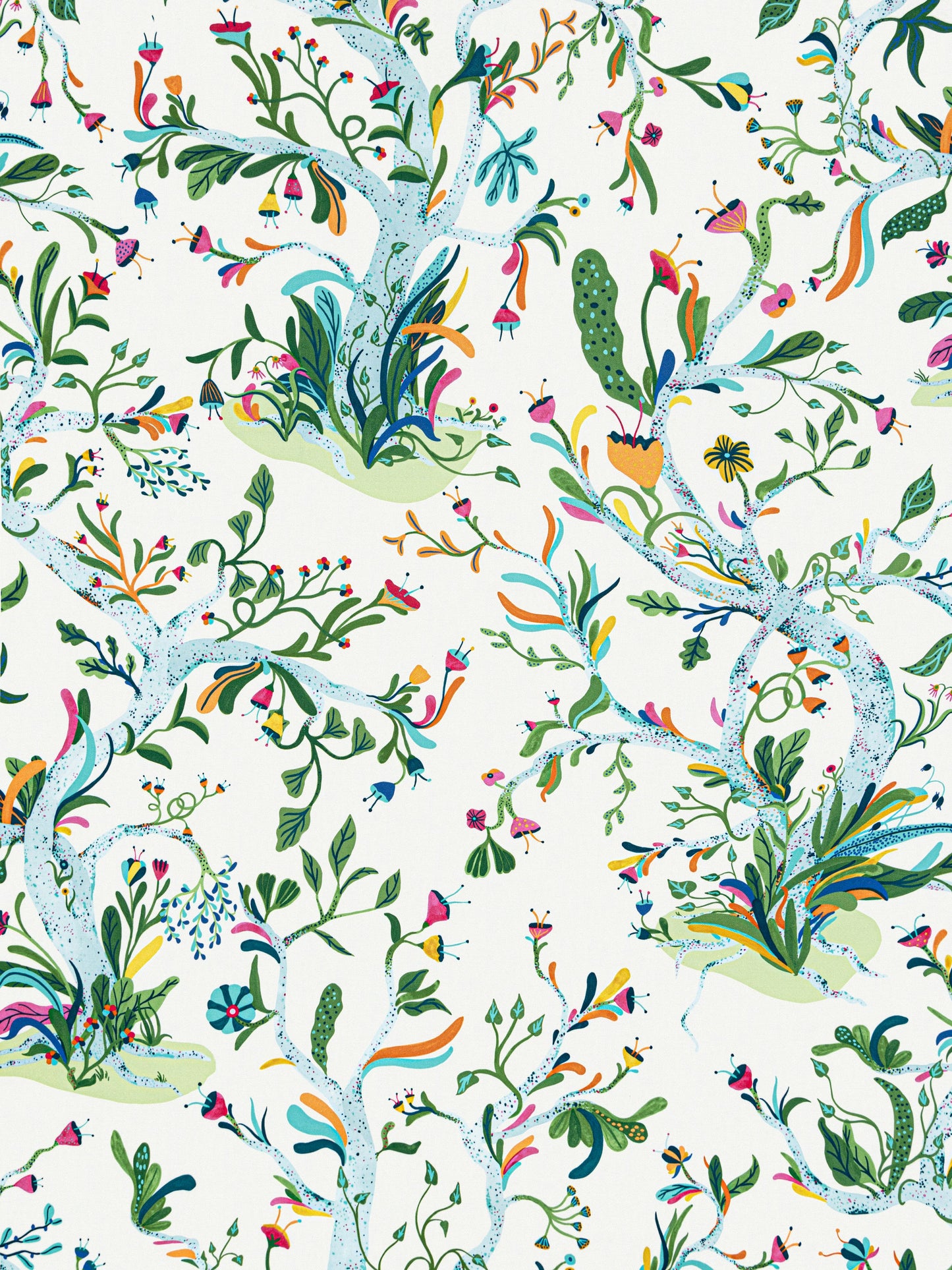 Vibrant aqua botanical pattern with swirling vines, leaves and small flowers in blues, greens and pinks on fabrics.