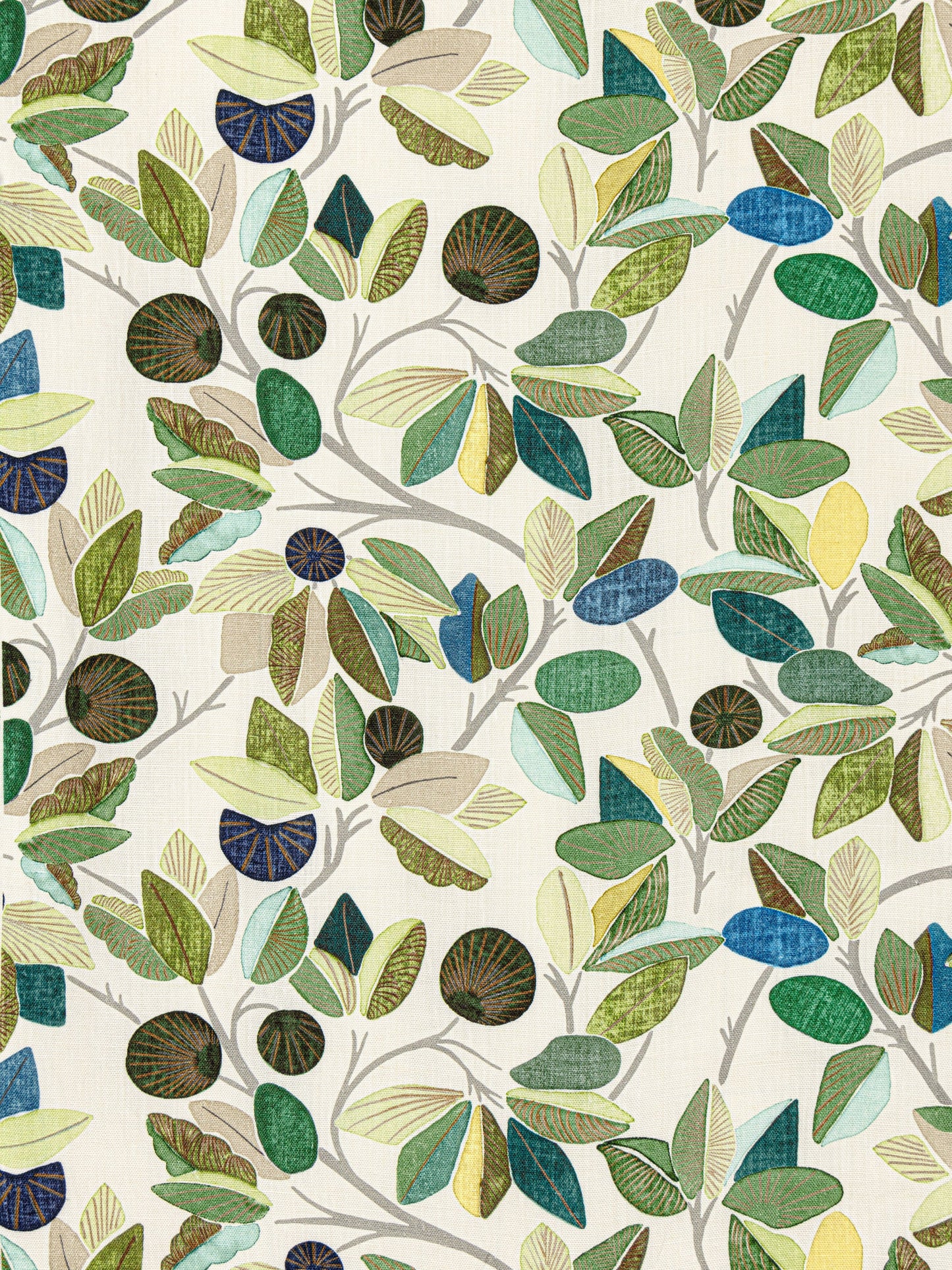 Multicolored botanical leaf pattern with green, blue, yellow leaves and brown seed pods on pale background.