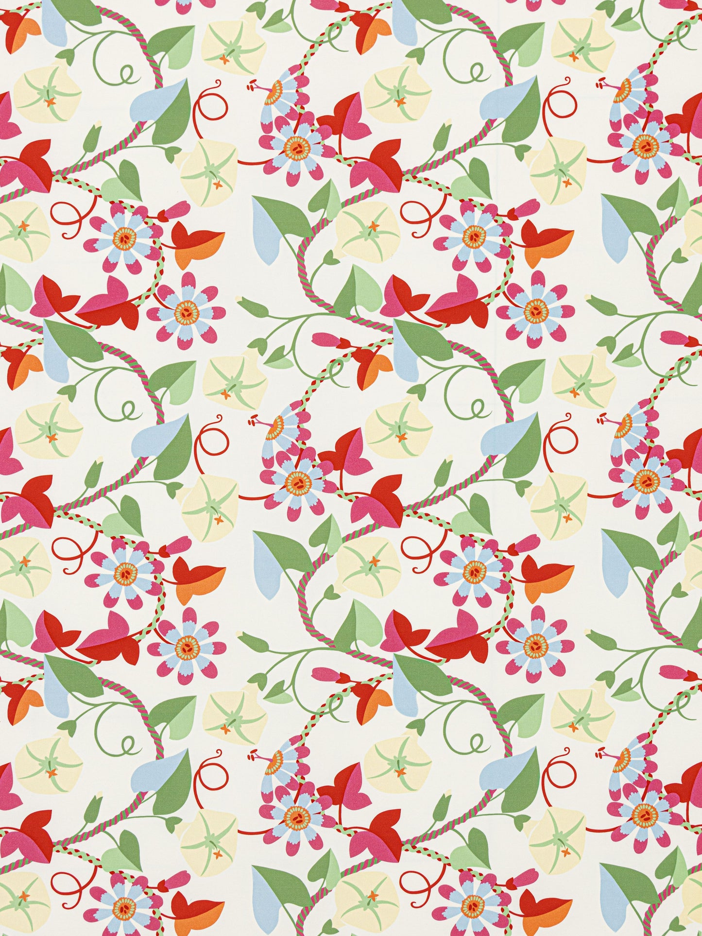Vibrant floral fabric print with red, pink, and orange flowers, green leaves and curling vines on a cream background.