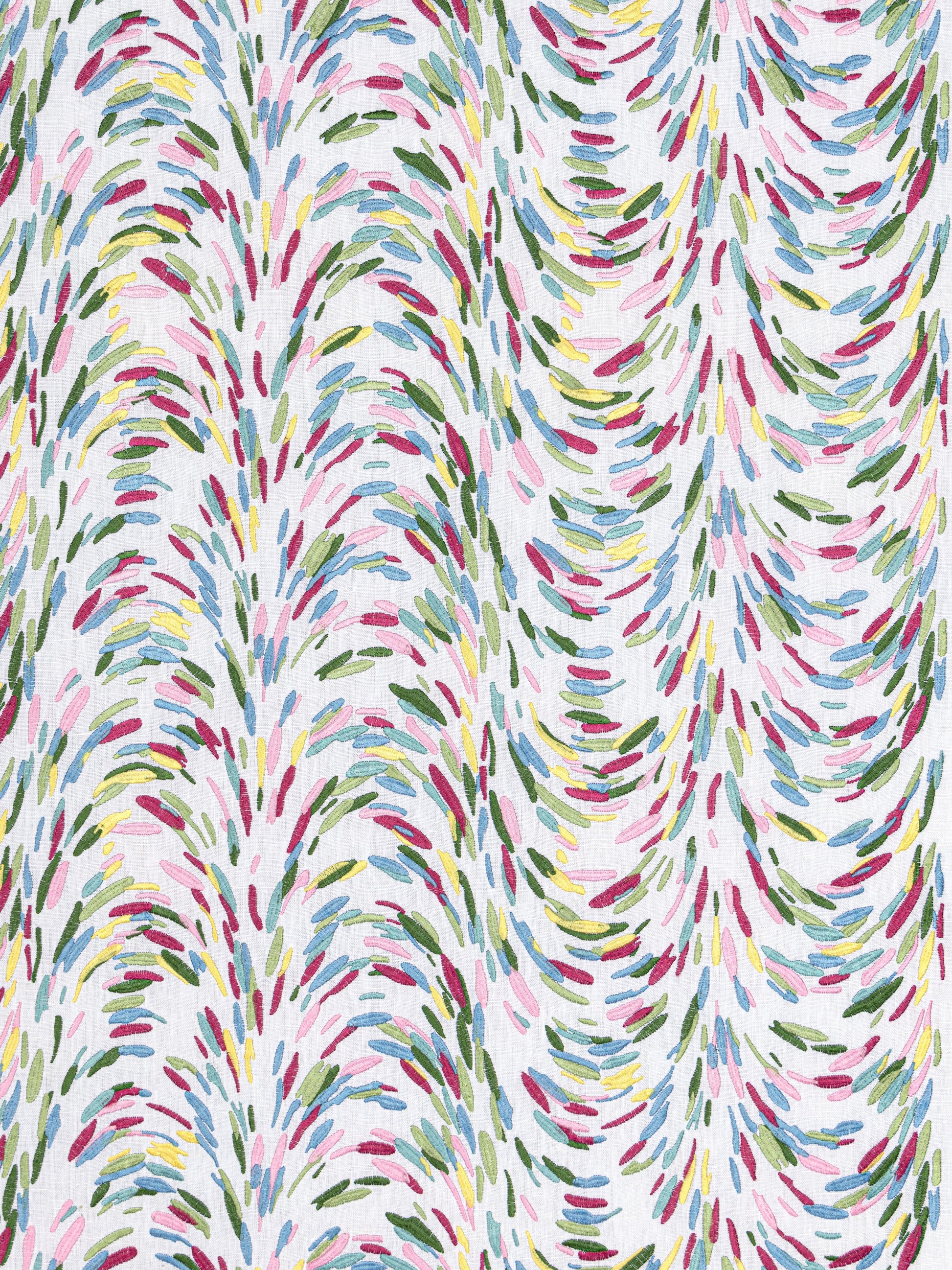 Colorful abstract brushstroke pattern resembling feathers on white fabric; pink, blue, green, yellow; lively textile design.
