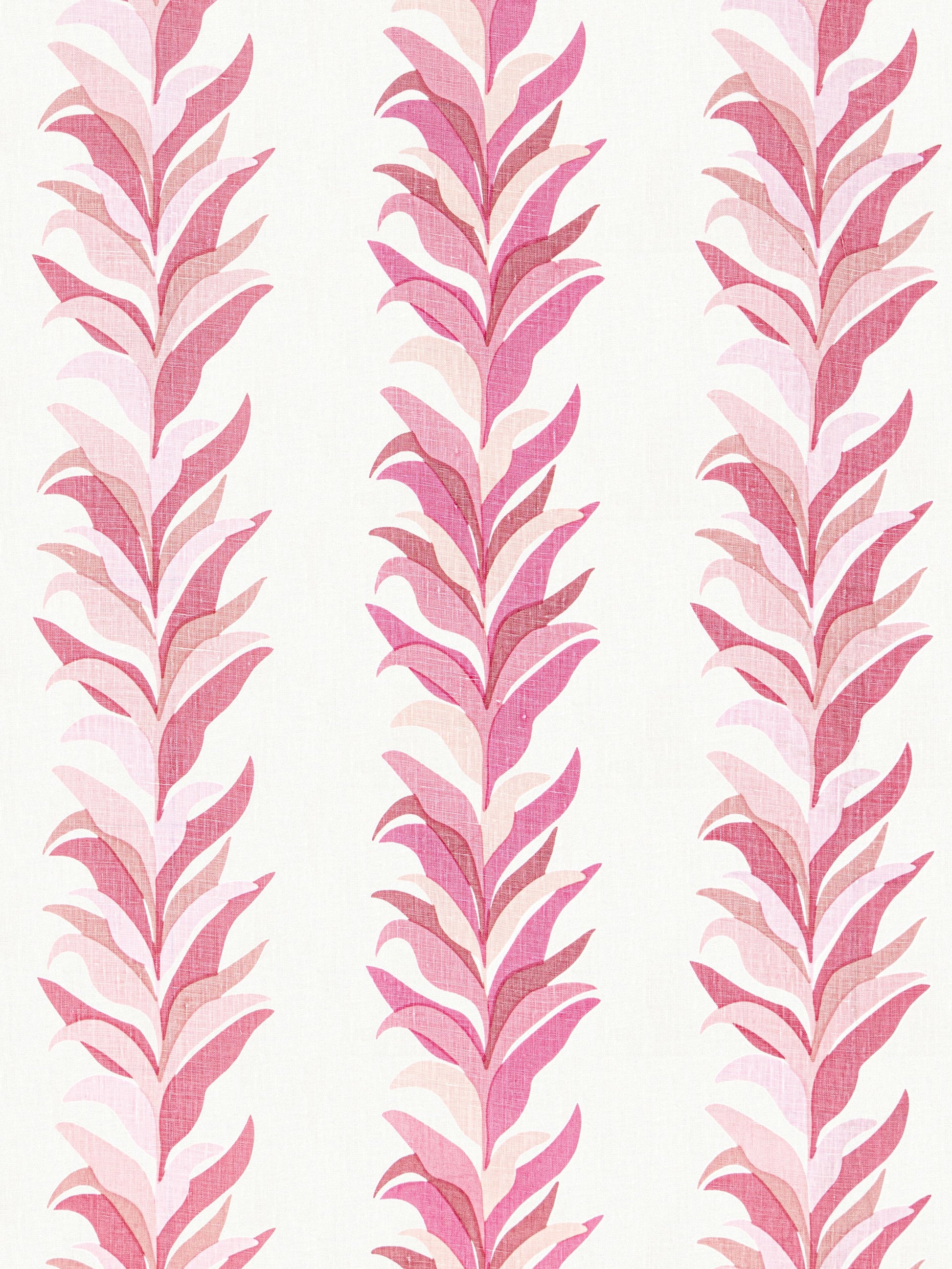 Pink leaf-branch fabric print with vertical rows of stylized leaves in varying pink hues on white background.