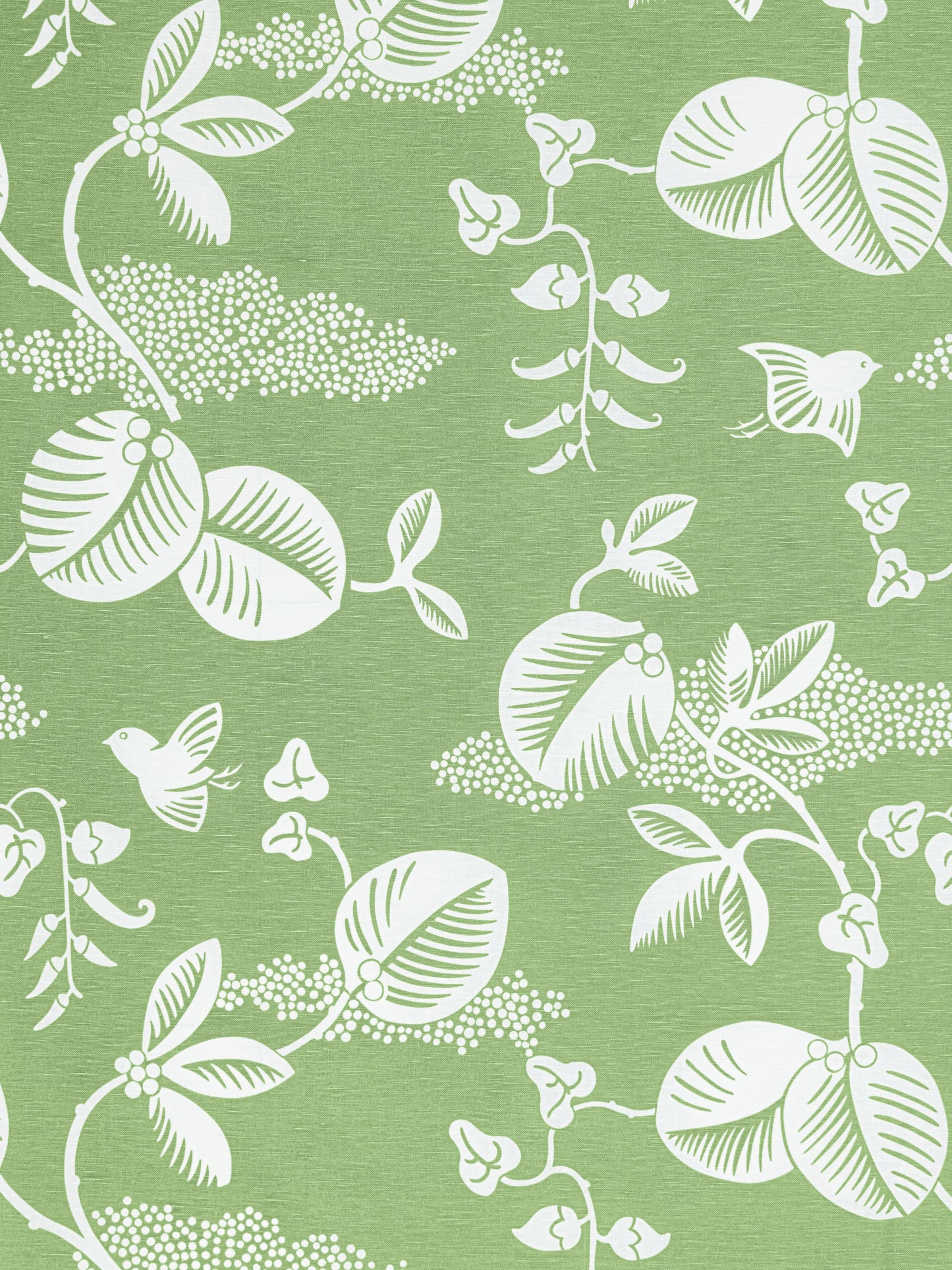 Green fabric with a white botanical pattern of vines, leaves, berries & small birds in a repeating motif.
