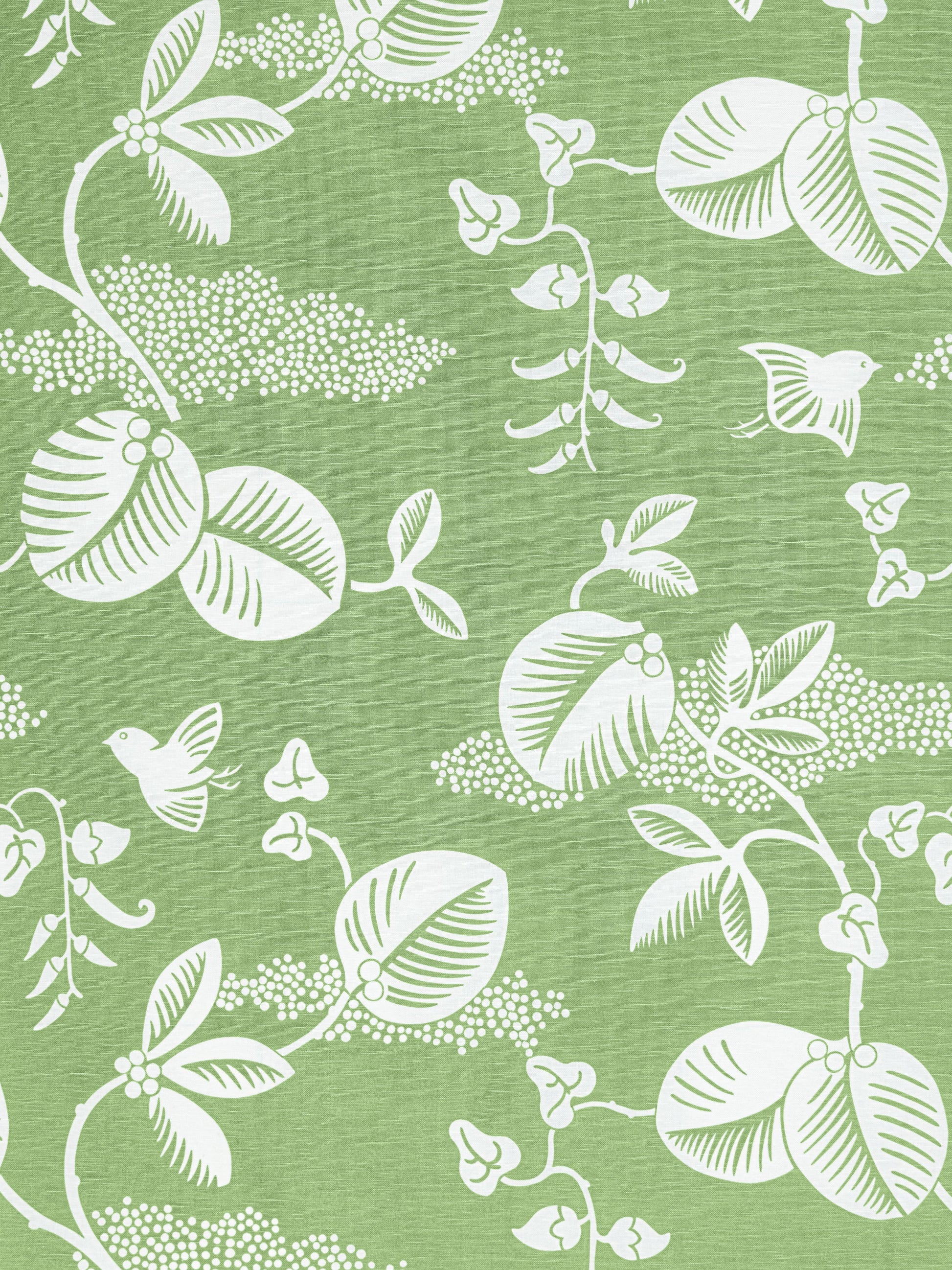 Green fabric with a white botanical pattern of vines, leaves, berries & small birds in a repeating motif.