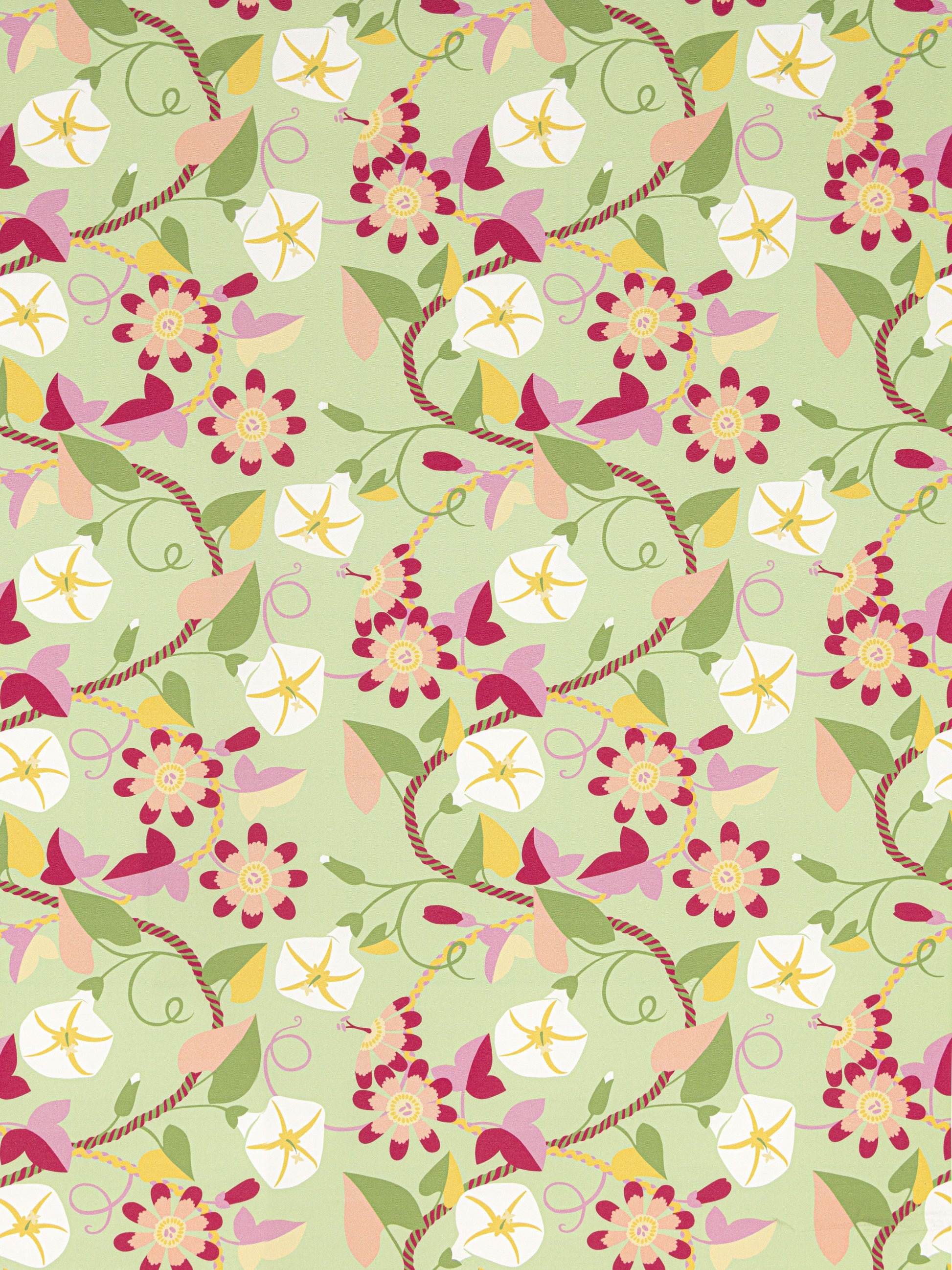All-over floral vine print with pink, yellow and white blossoms, green leaves on a sage-green background; botanical pattern.