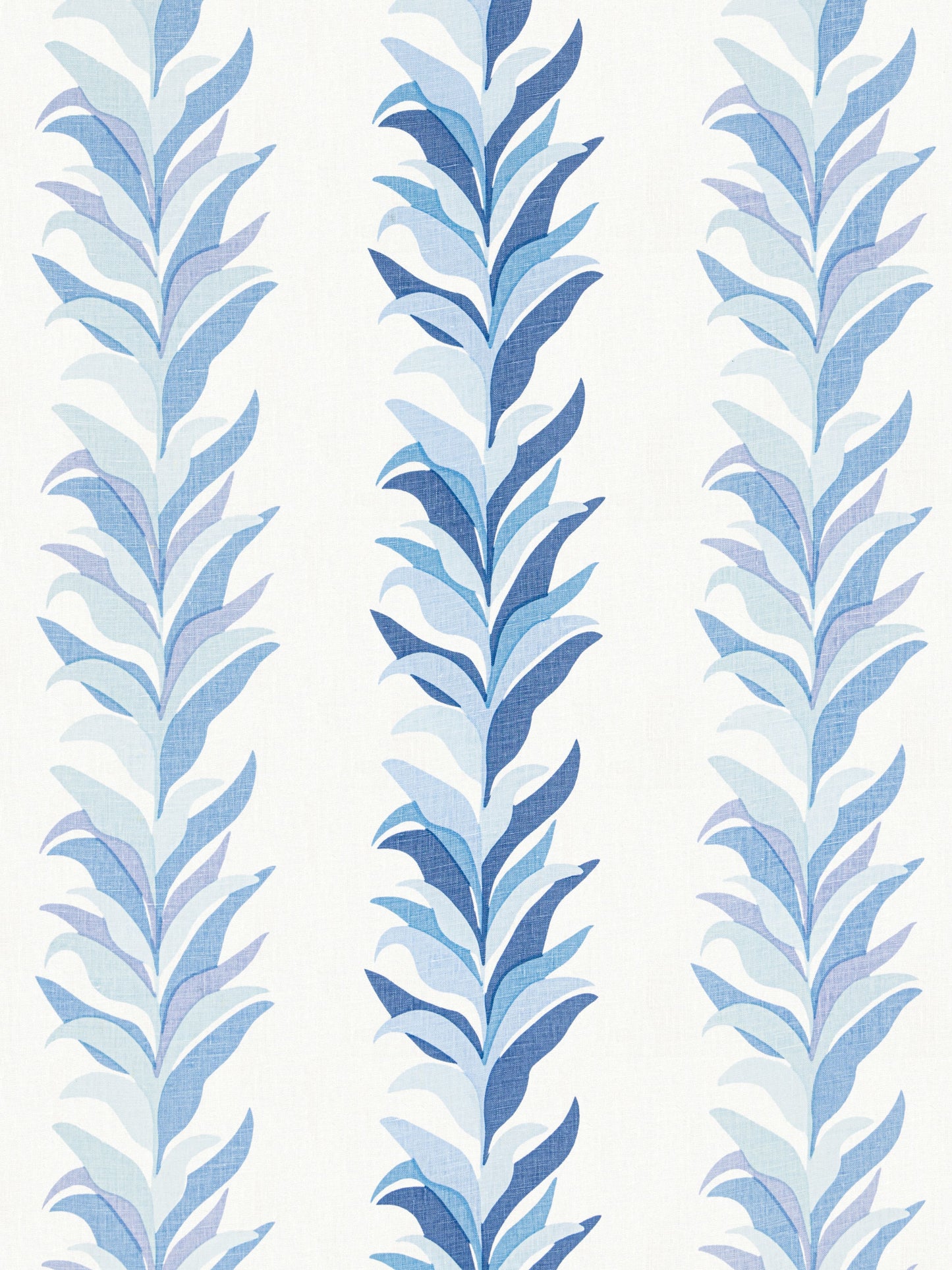 Vertical striped botanical fabric with blue leafy fronds in light to dark blues on a pale background.