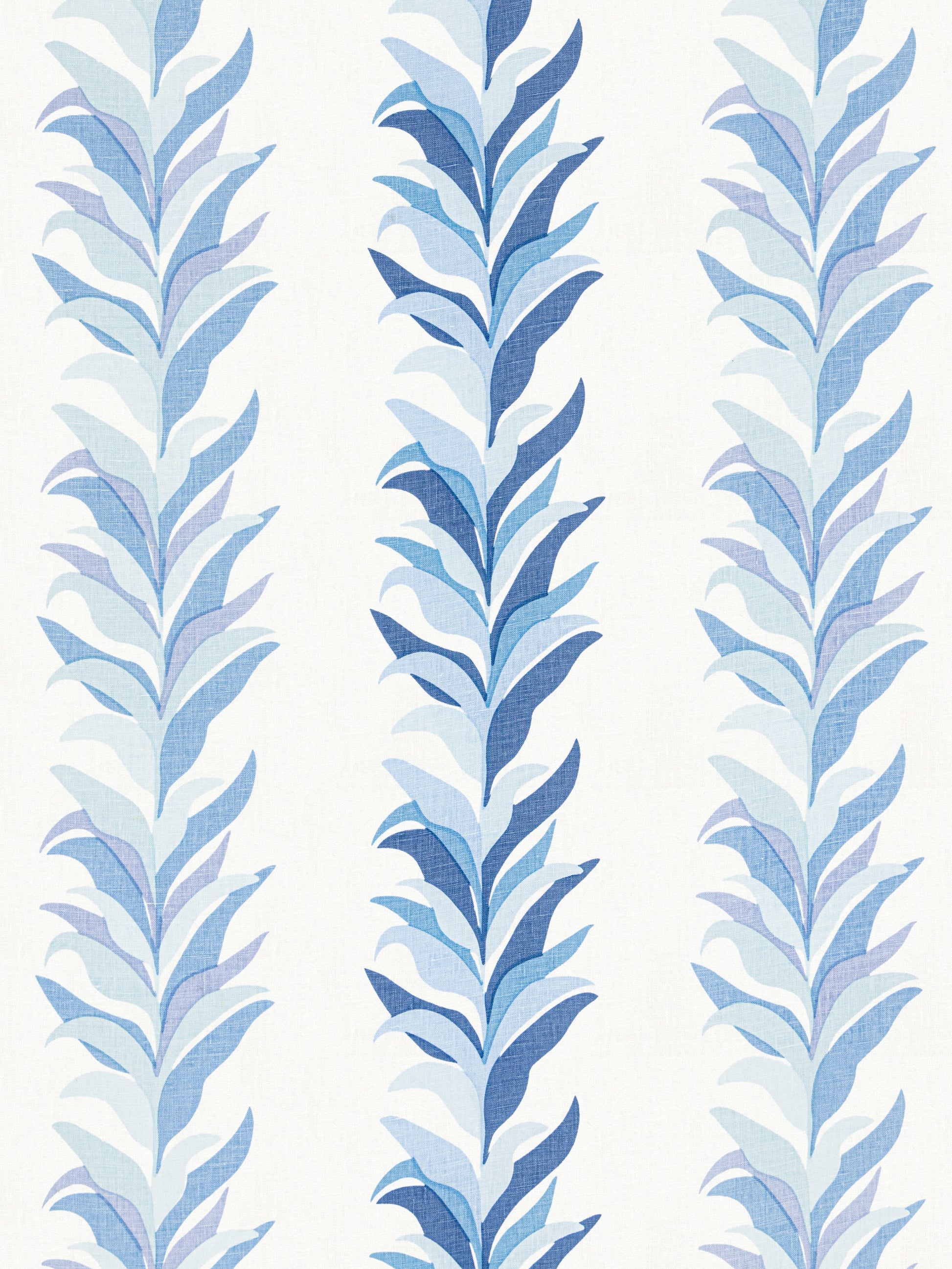 Vertical striped botanical fabric with blue leafy fronds in light to dark blues on a pale background.