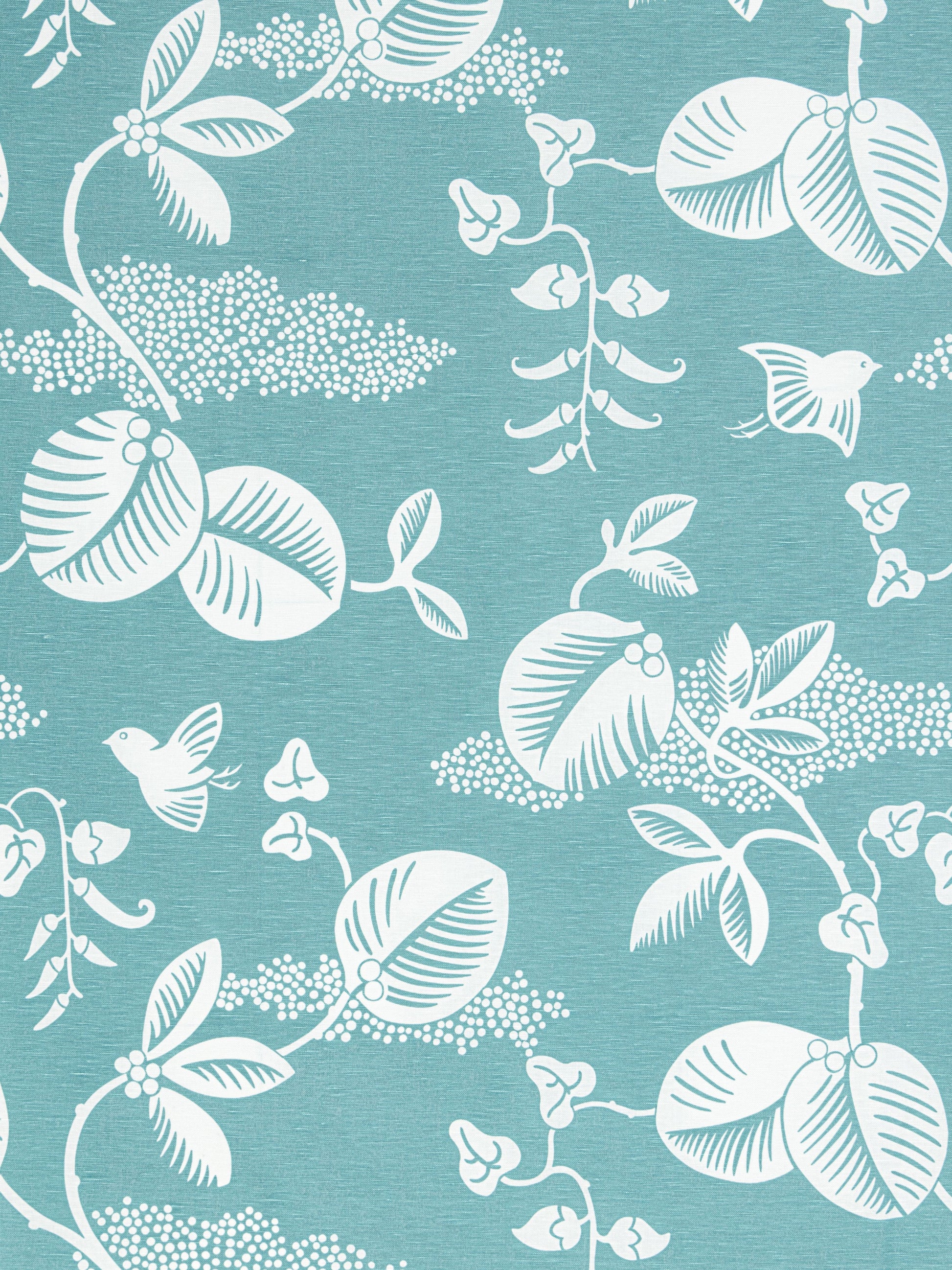 Teal fabric with white botanical pattern of vines, leaves, blossoms and small birds.