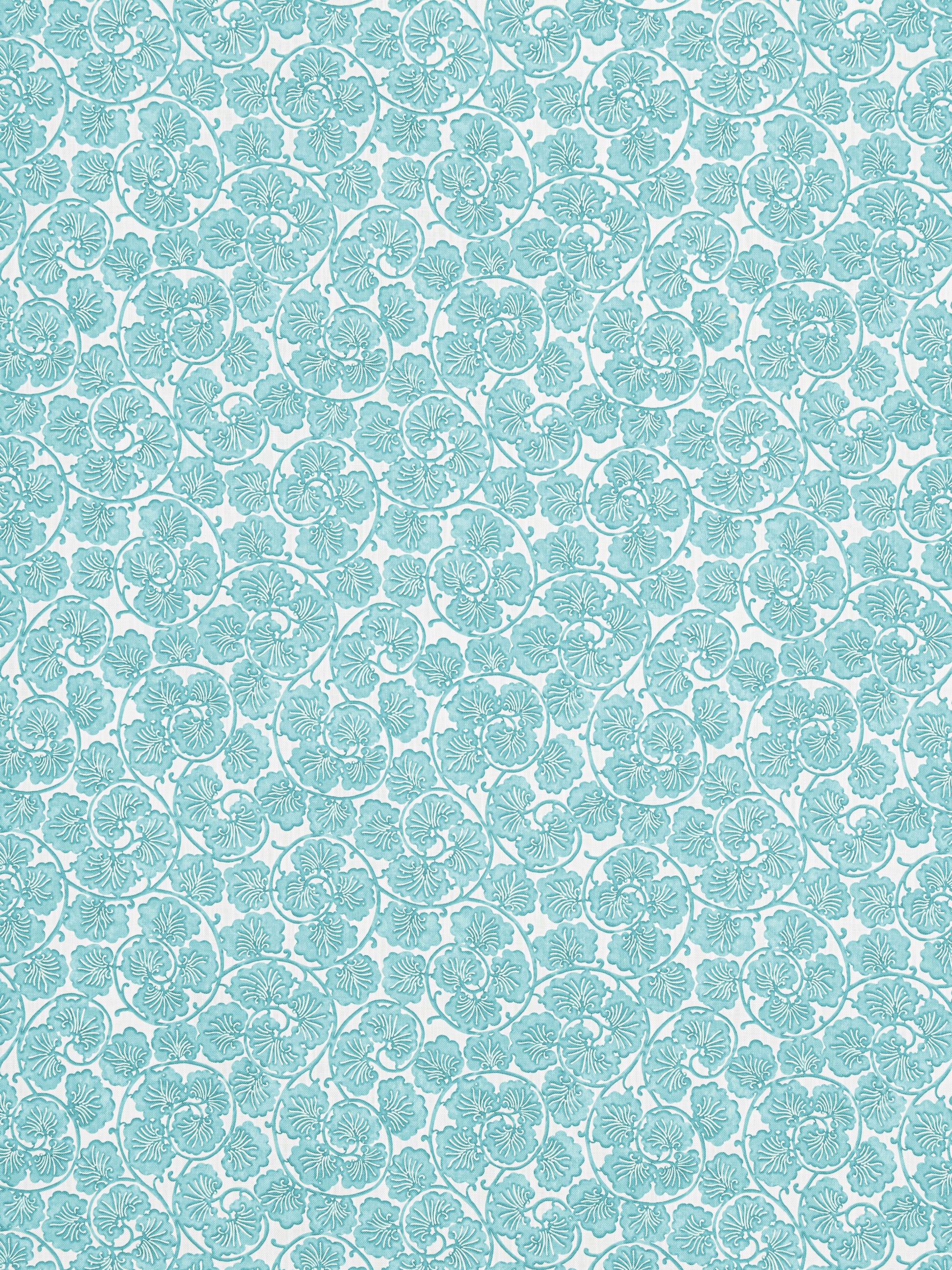 Teal damask floral pattern with ornate vines and blossoms on a light turquoise background.