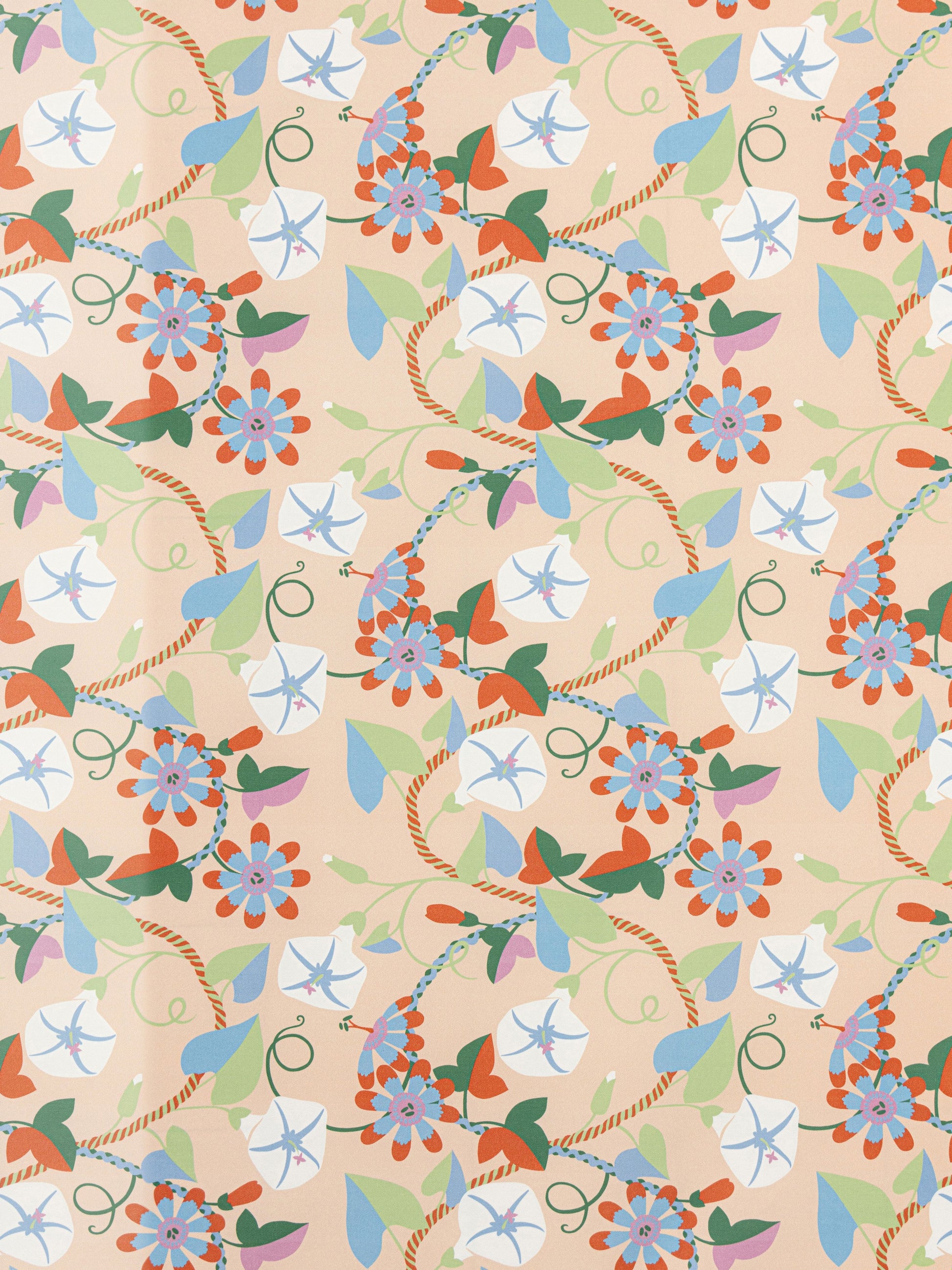 Beige fabric with colorful floral motif: blue blossoms, orange flowers, green leaves, and curling vines.