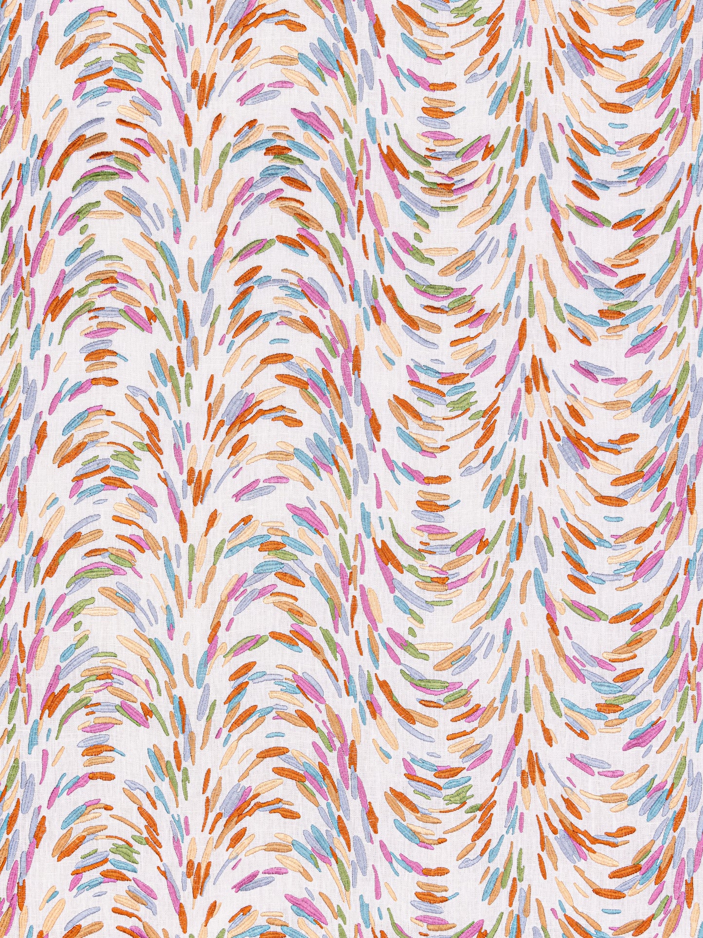 Vibrant abstract textile print with curved brushstroke motifs in orange, pink, blue, green; lively swirling pattern.