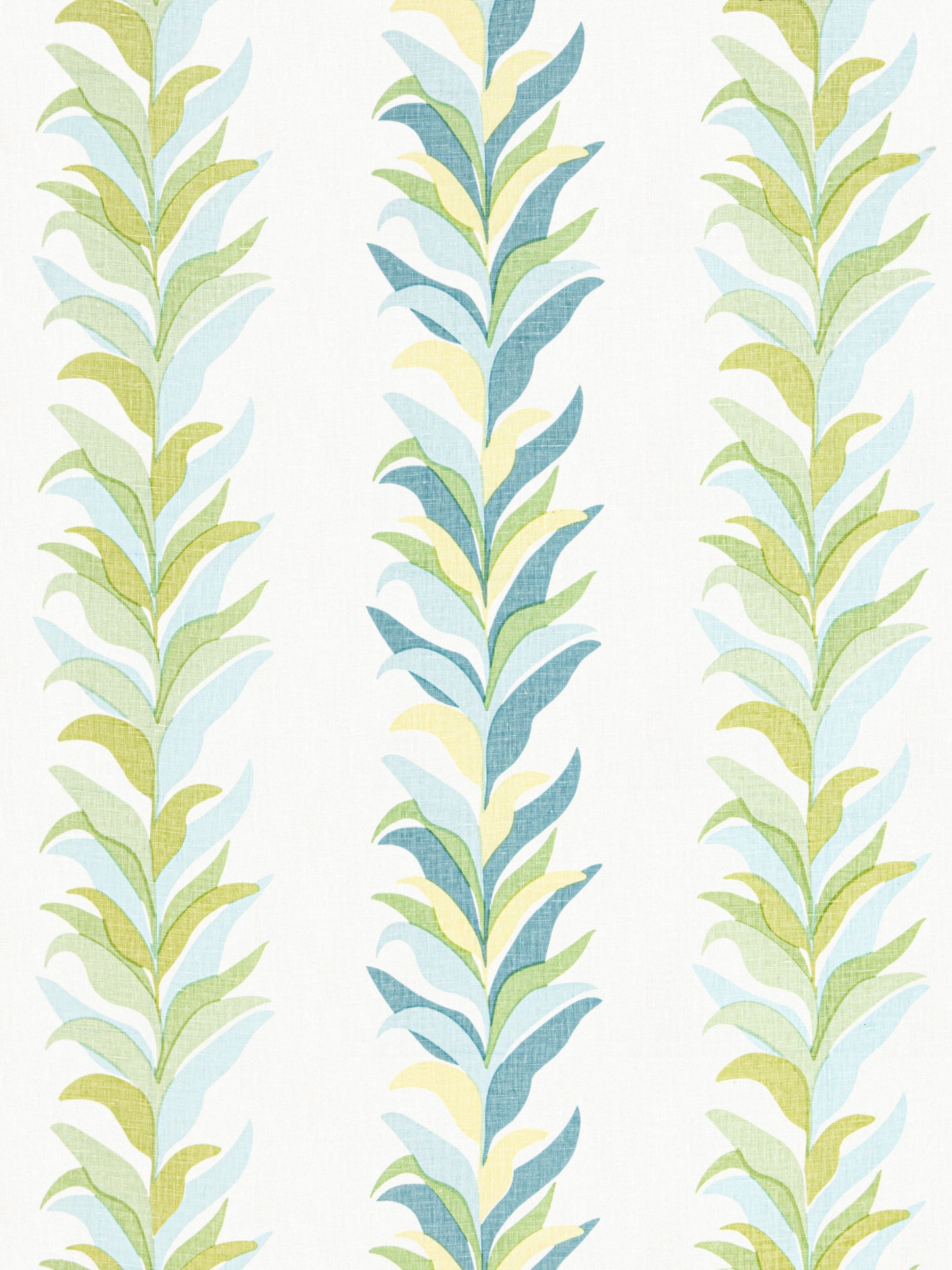 Pastel botanical stripe pattern with vertical leaf stems in greens, blues, and pale yellows; wallpaper or fabric design