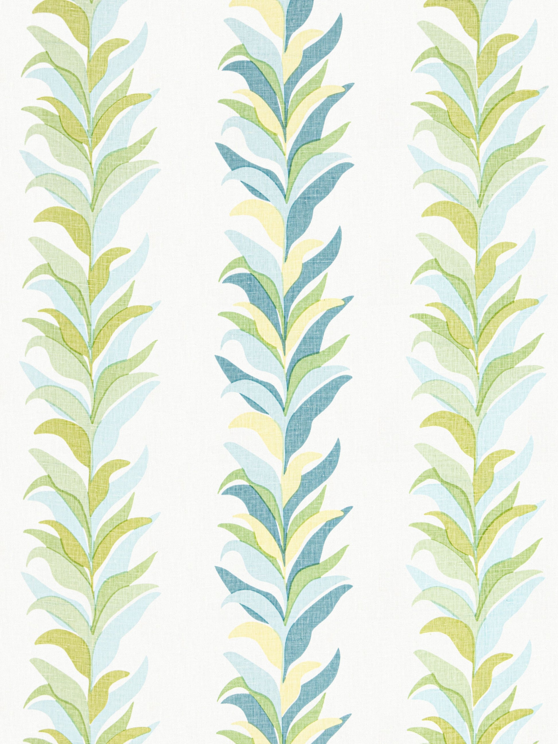 Pastel botanical stripe pattern with vertical leaf stems in greens, blues, and pale yellows; wallpaper or fabric design