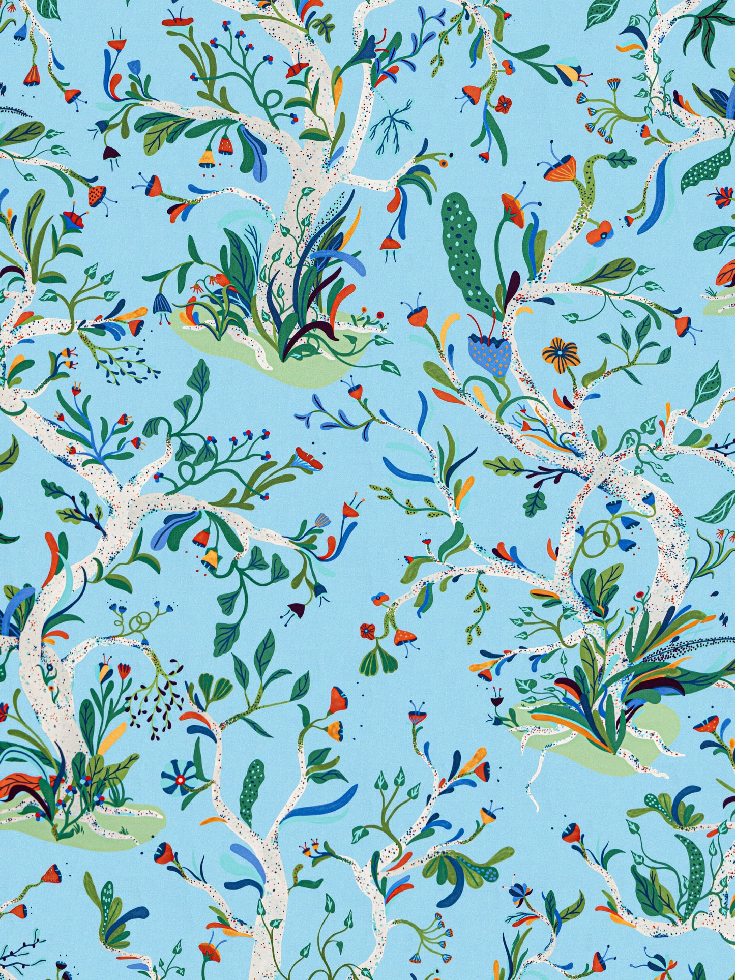 Light blue fabric with whimsical botanical print featuring white speckled trunks, green/teal leaves, and small orange birds.
