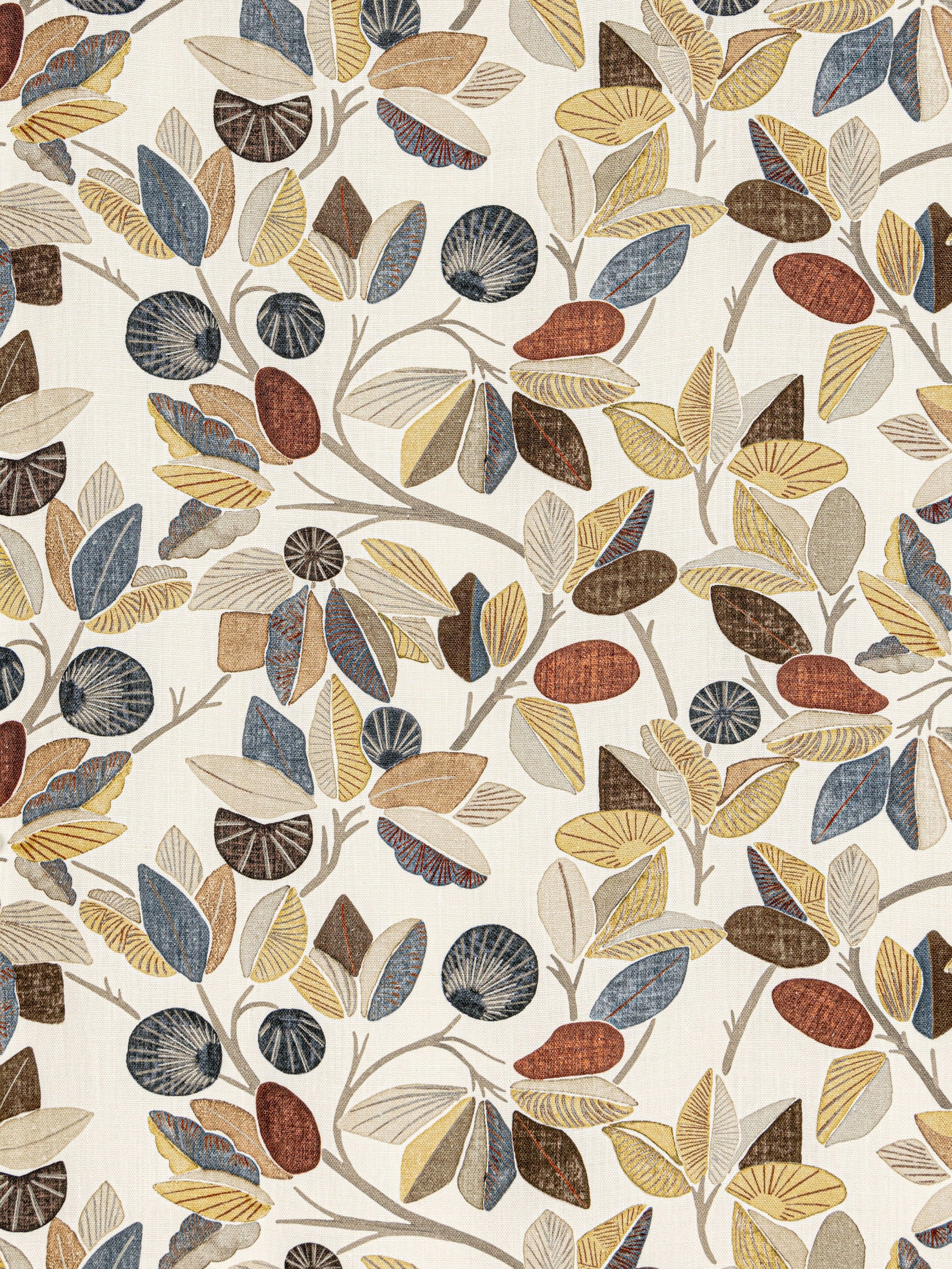 Botanical leaf wallpaper in mustard, rust, blue-gray and olive on cream, featuring oval leaves and round seed pods.