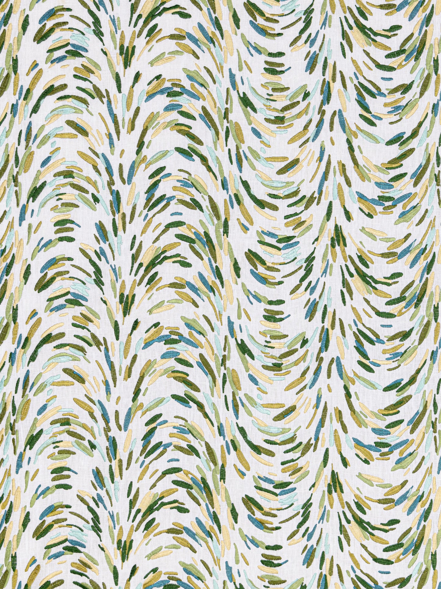 Abstract wavy leafy brushstroke pattern in teal, olive green and beige on cream fabric.