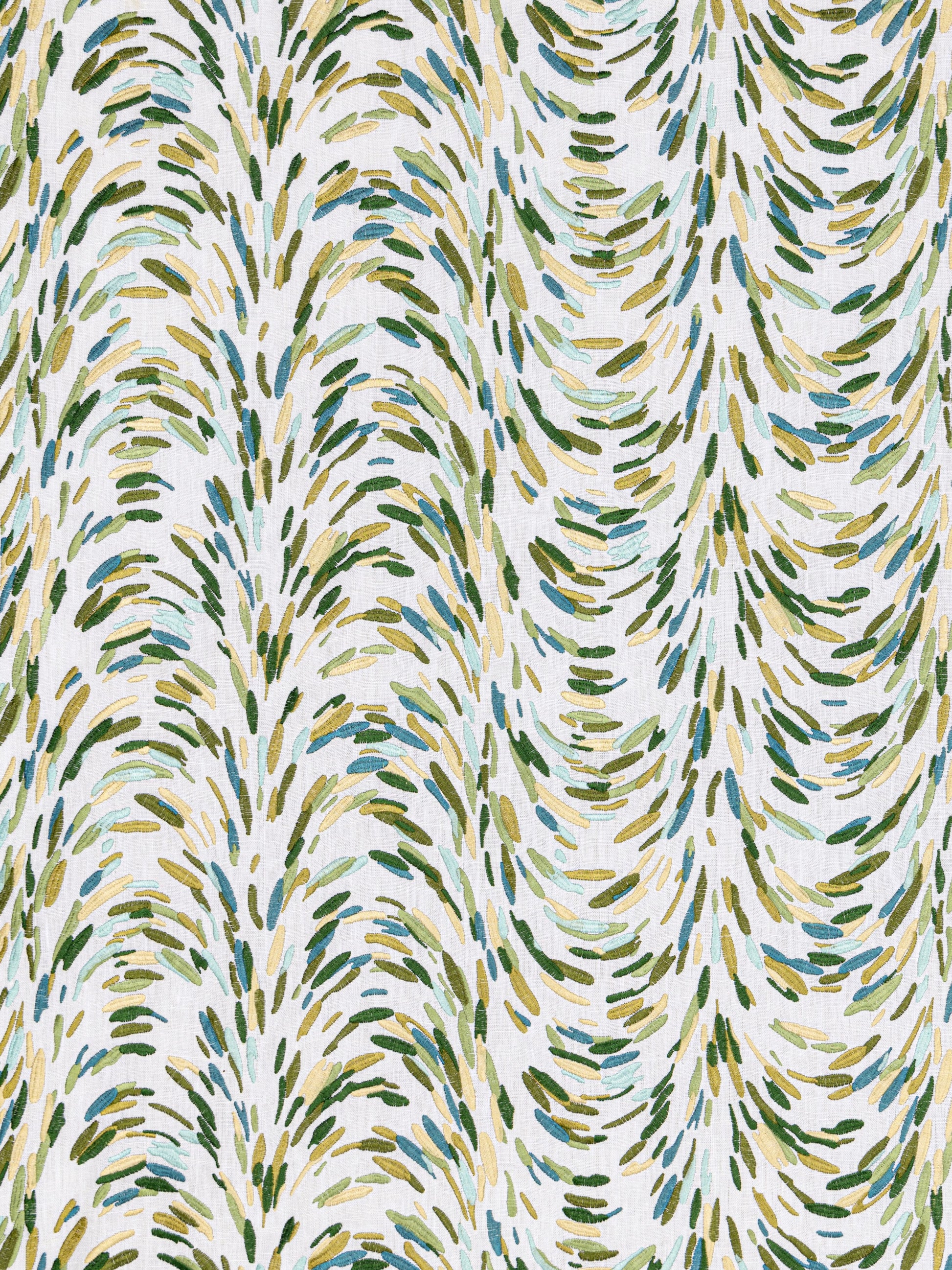 Abstract wavy leafy brushstroke pattern in teal, olive green and beige on cream fabric.