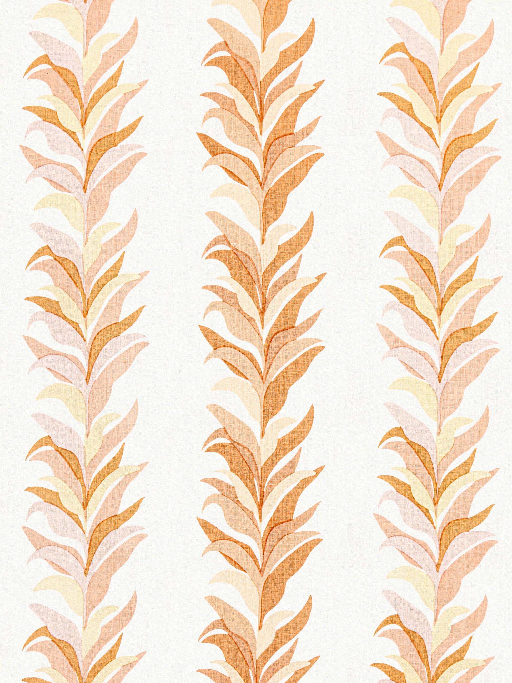 Three vertical columns of peach leaves in warm orange tones on pale cream background; decorative botanical pattern for fabric.