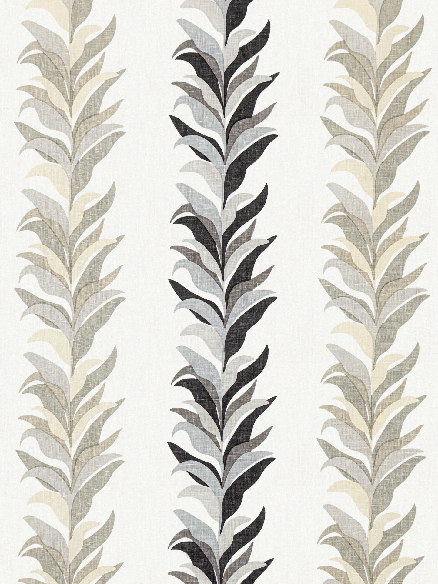 Three vertical leaf-pattern striped fabric in beige, gray and charcoal on a pale background