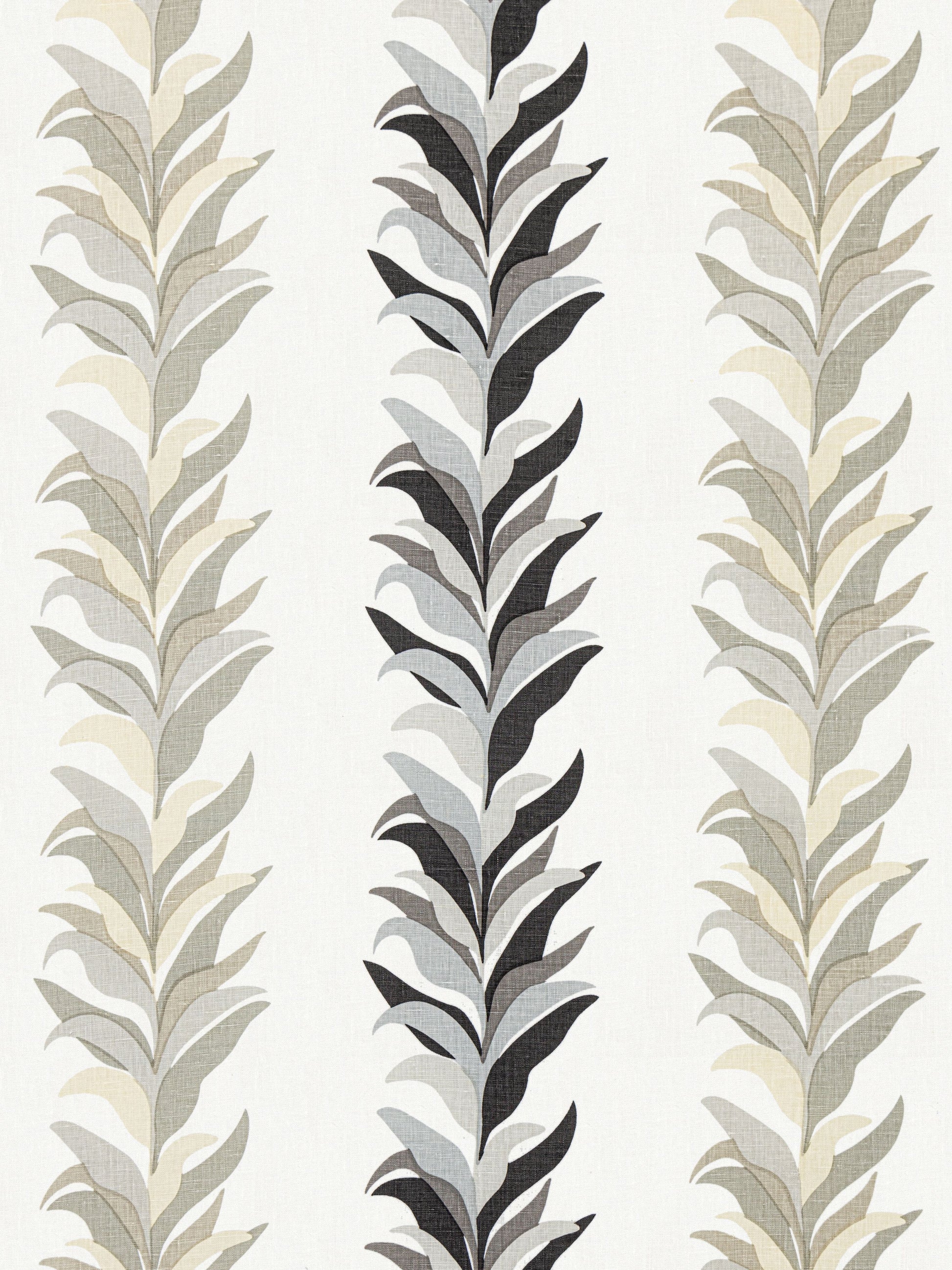 Three vertical leaf-pattern striped fabric in beige, gray and charcoal on a pale background