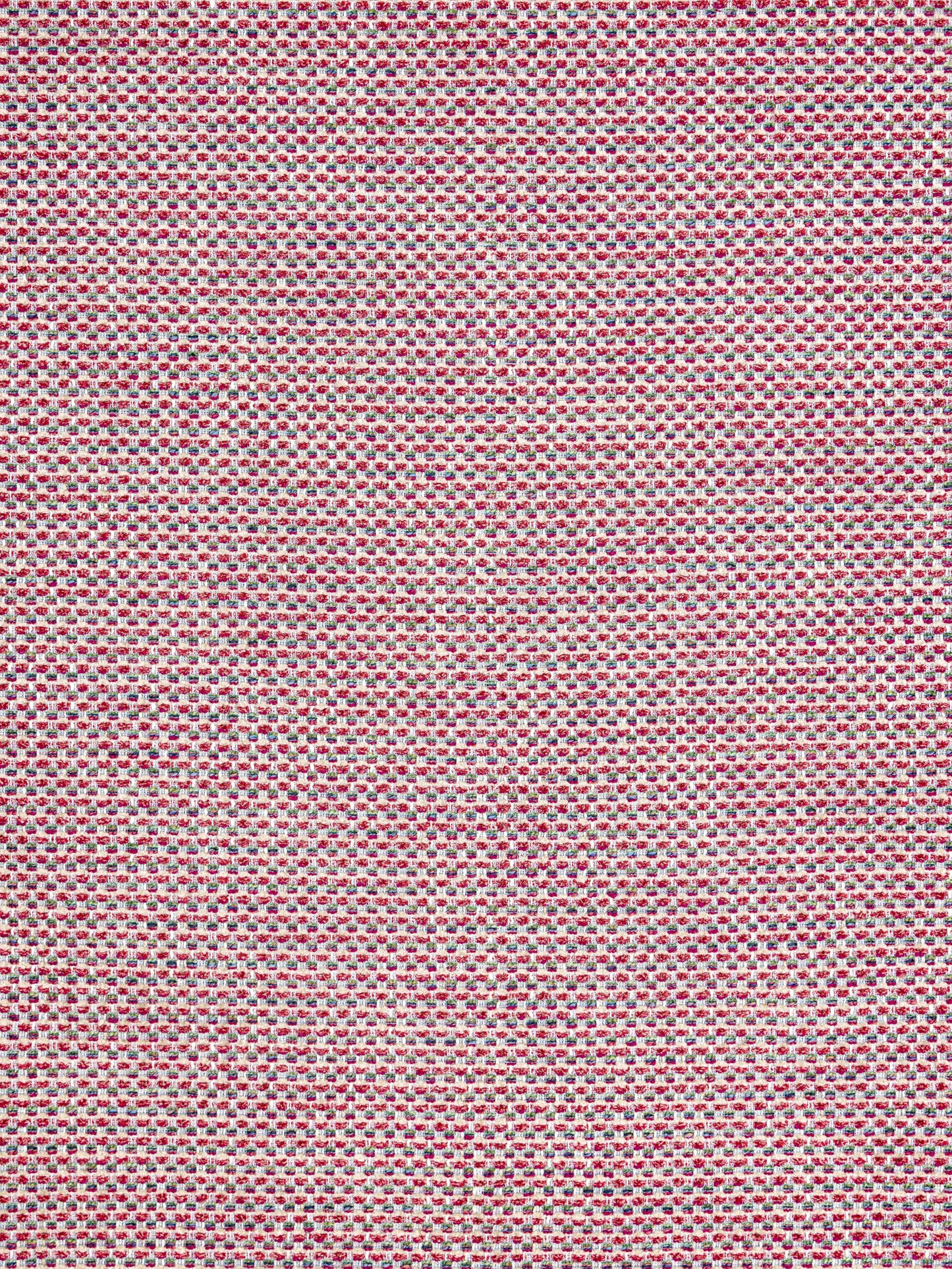 Red and white speckled fabric with blue flecks, tight weave; tweed-like material for upholstery or jackets.