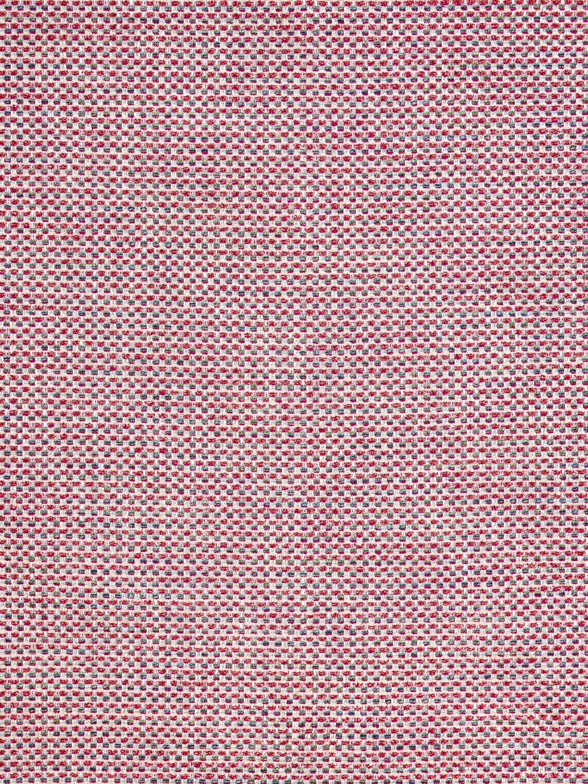Red and white speckled fabric with blue flecks, tight weave; tweed-like material for upholstery or jackets.