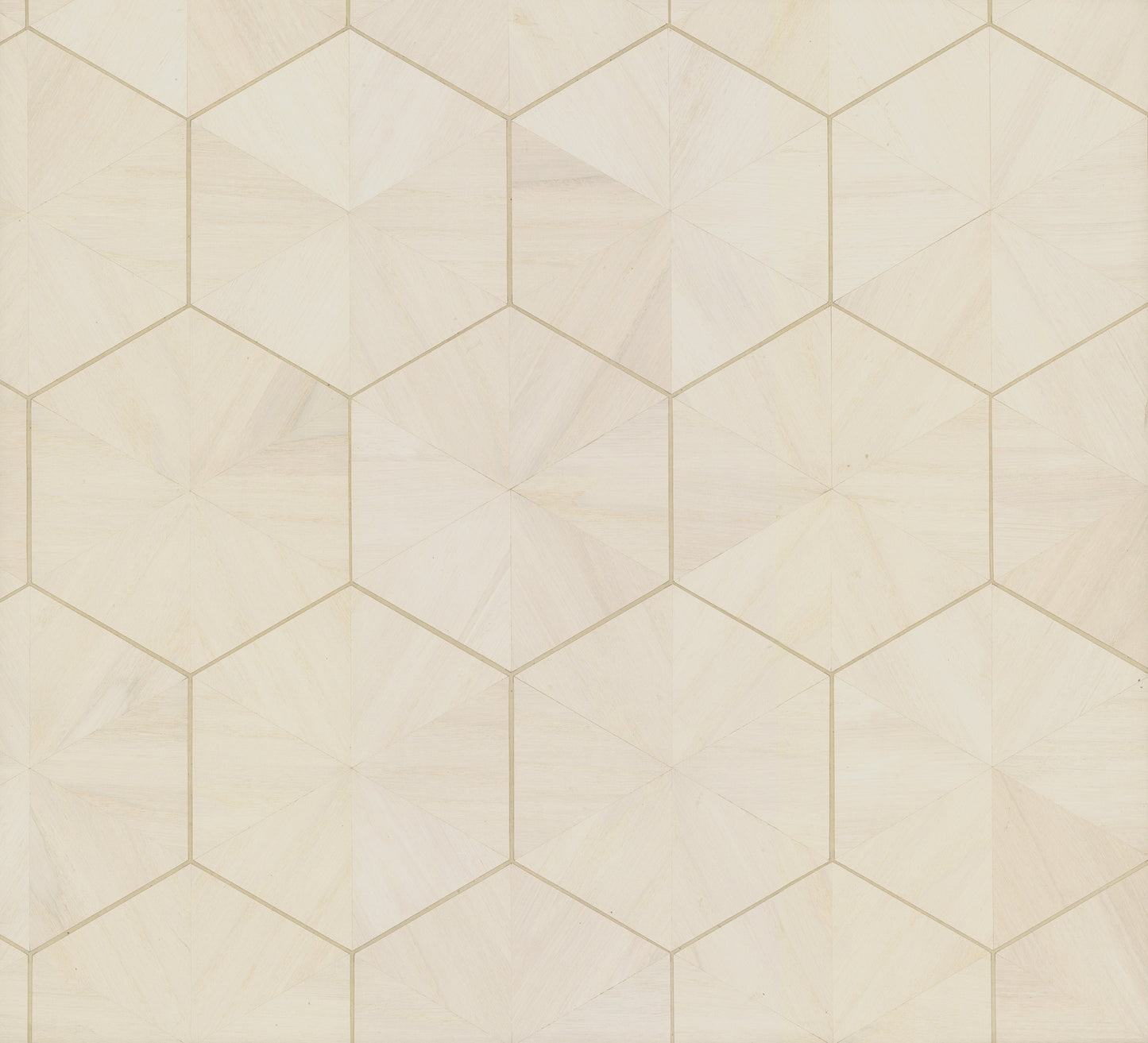 Off-white wallpaper with a hexagram geometric pattern and subtle wood-veneer texture.
