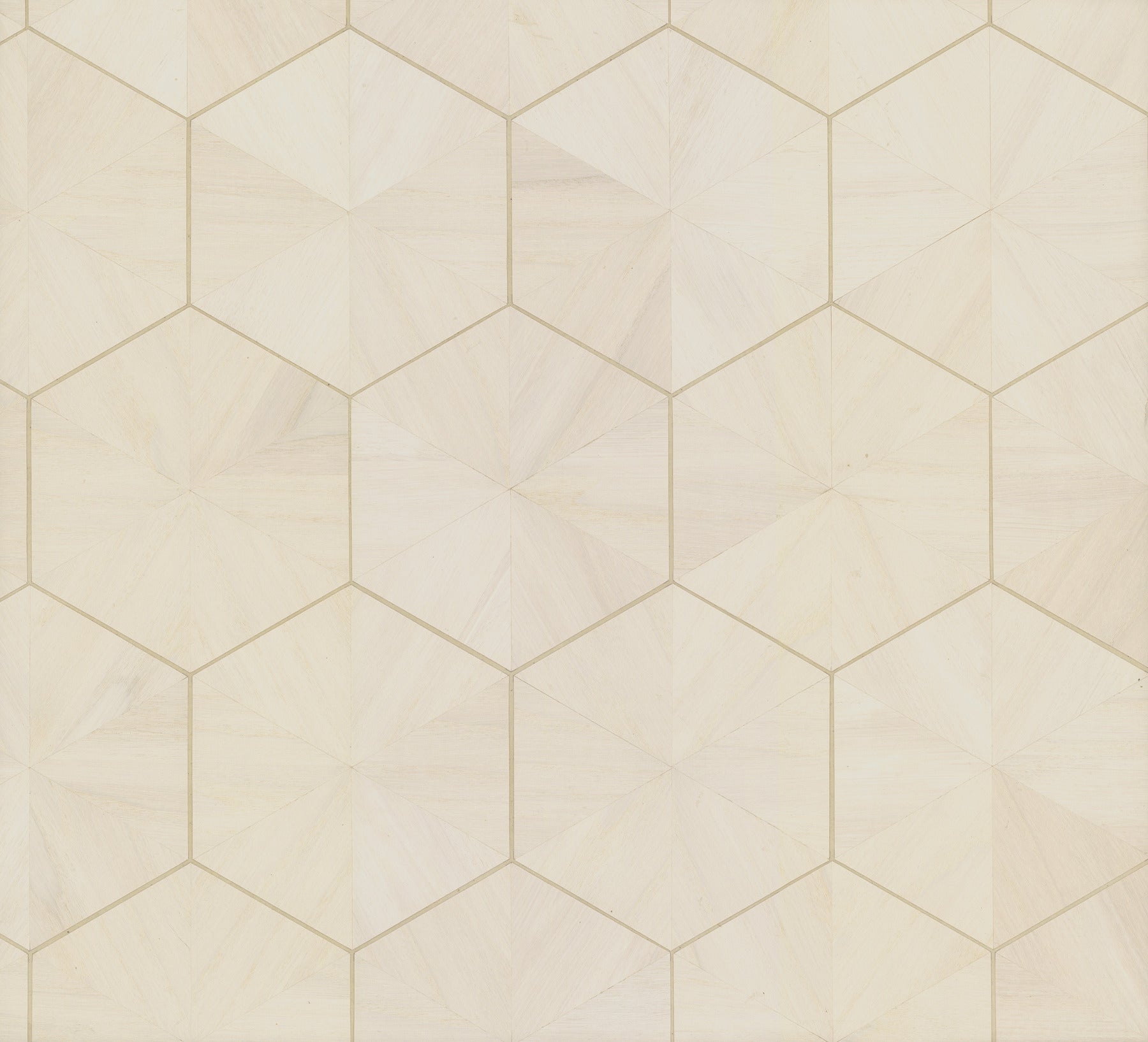 Off-white wallpaper with a hexagram geometric pattern and subtle wood-veneer texture.