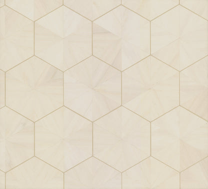 Off-white wallpaper with a hexagram geometric pattern and subtle wood-veneer texture.