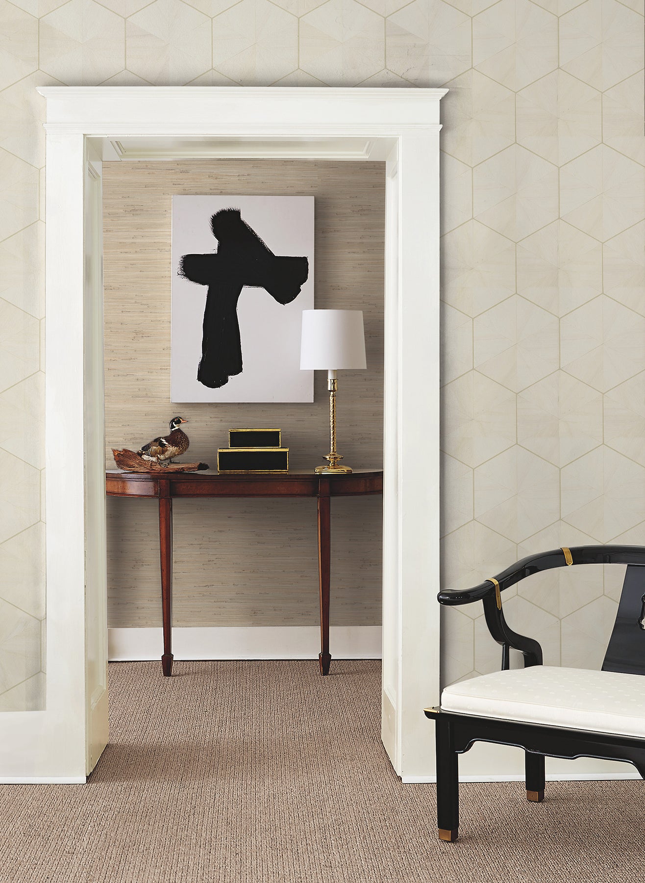 York Wallcoverings Grasscloth and Natural Resource Hexagram Wood Veneer Ivory Wallpaper Feature Wall Wood Veneer Whites and Off-Whites   - HO2101GV