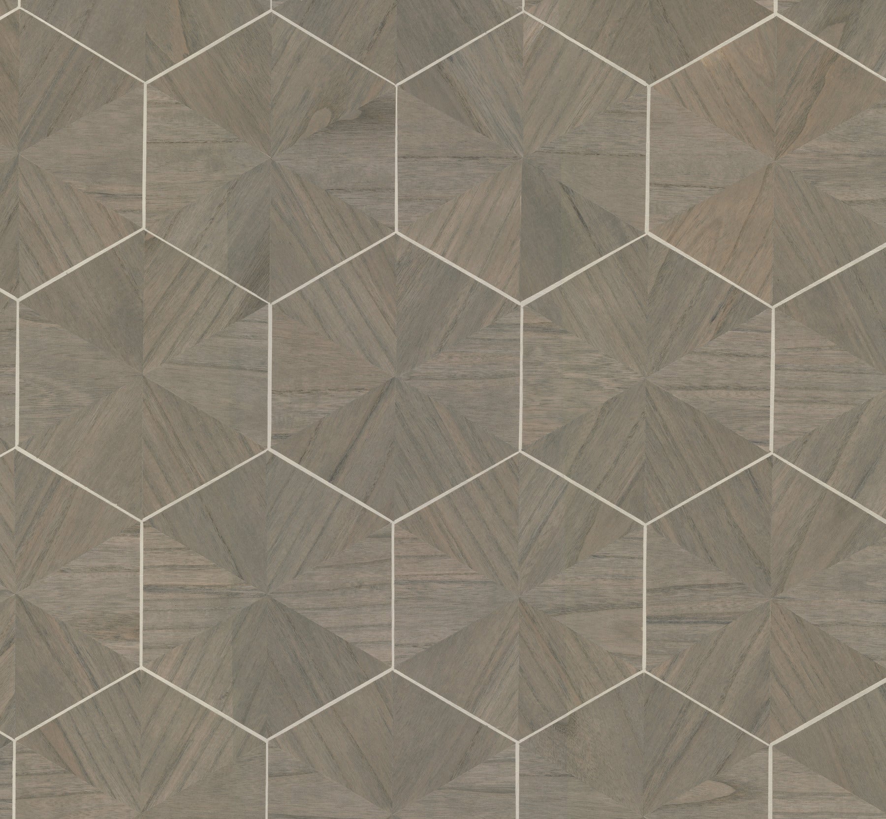 Brown hexagram wood-veneer wallpaper with natural wood grain for a feature wall.