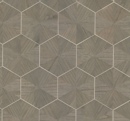 Brown hexagram wood-veneer wallpaper with natural wood grain for a feature wall.