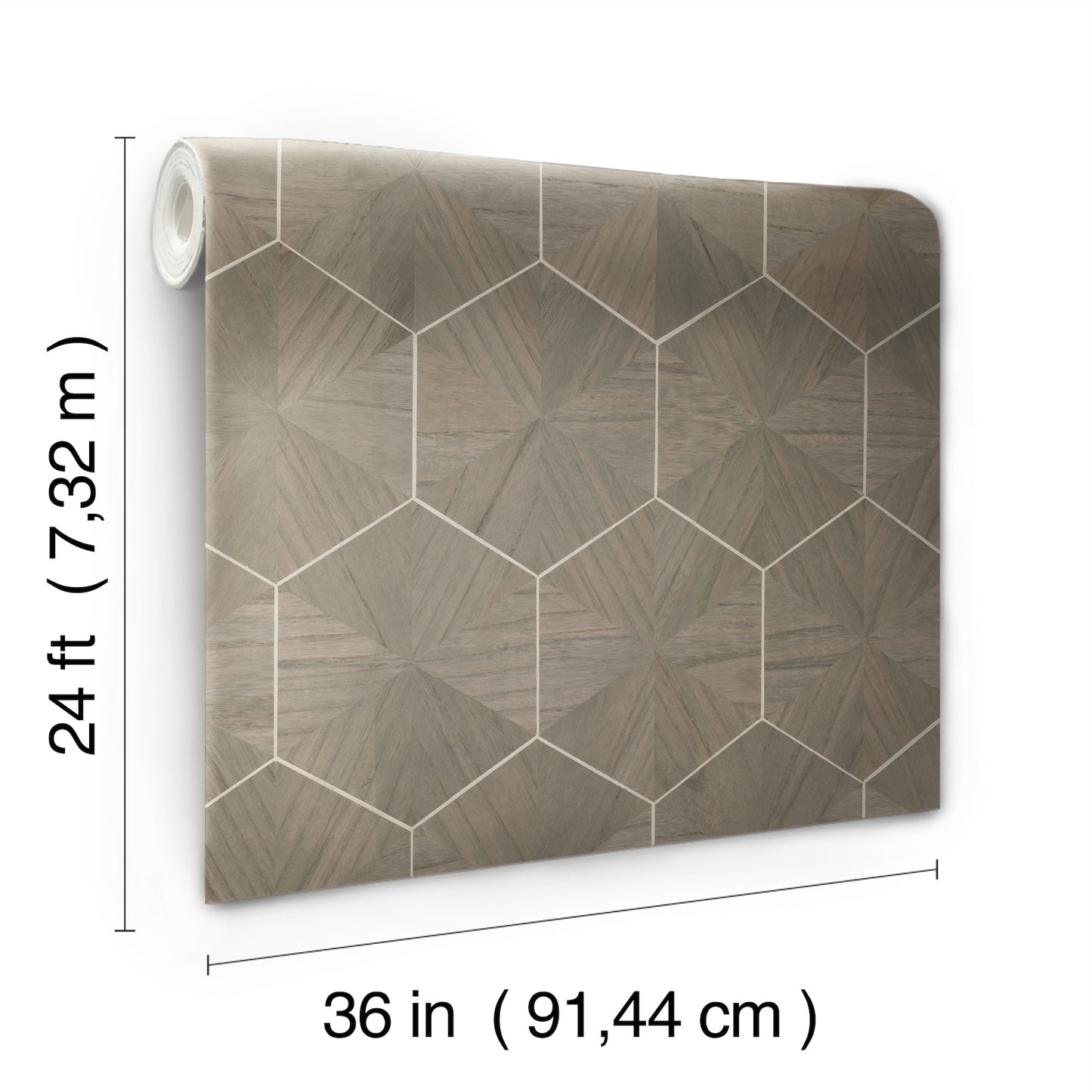 Brown wood veneer wallpaper with white hexagram pattern, rolled; 36 in wide by 24 ft long.