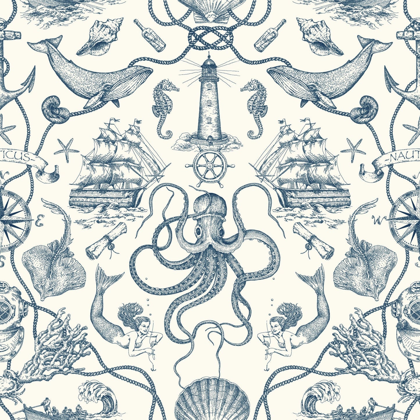 Blue nautical toile print featuring octopus, ships, lighthouses, seahorses, shells and ropes on a cream background.