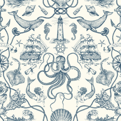 Blue nautical toile print featuring octopus, ships, lighthouses, seahorses, shells and ropes on a cream background.