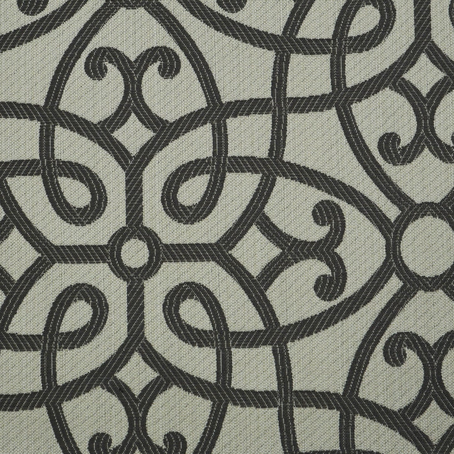 Grey jacquard upholstery fabric featuring an ornate interlaced scroll lattice pattern.