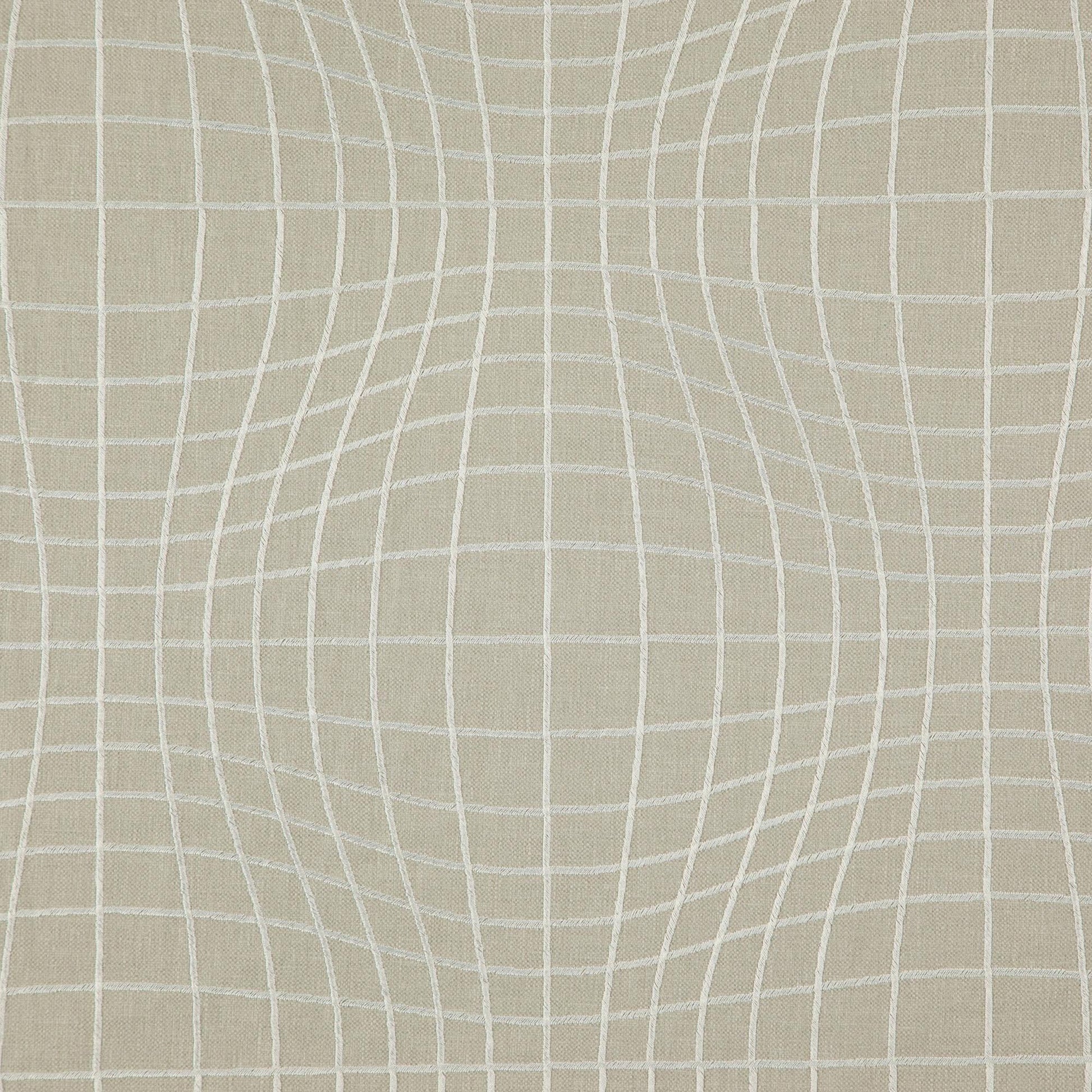 Grey/silver geometric embroidery on linen-like fabric with curved grid lines forming soft, warped squares.