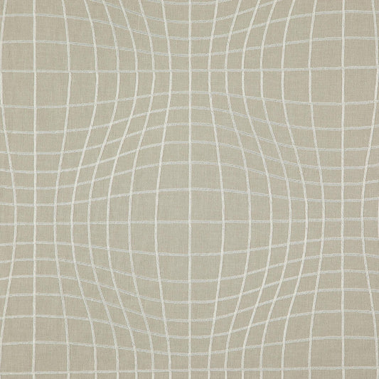 Grey/silver geometric embroidery on linen-like fabric with curved grid lines forming soft, warped squares.