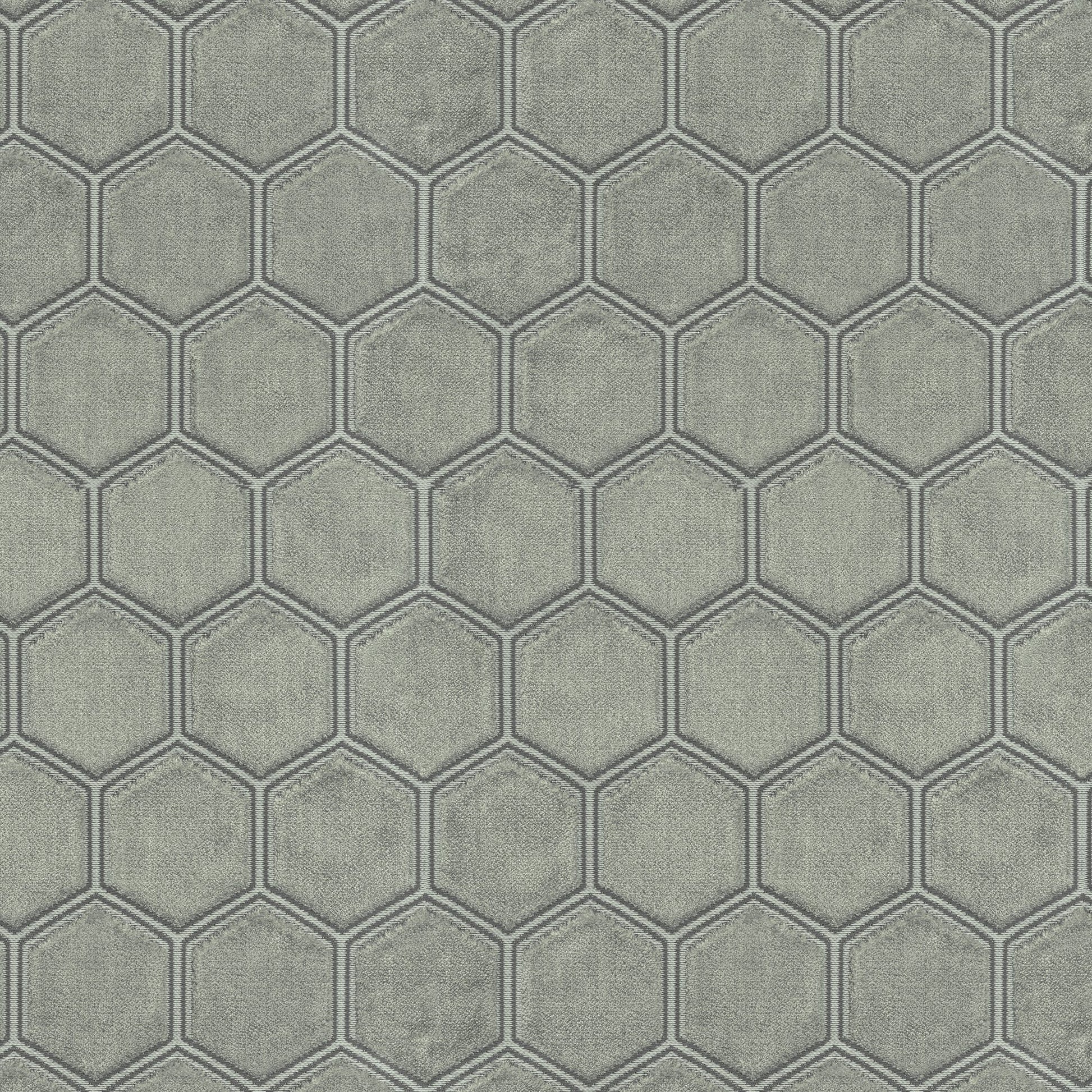 Grey & silver velvet fabric with a honeycomb hexagon pattern and textured surface.