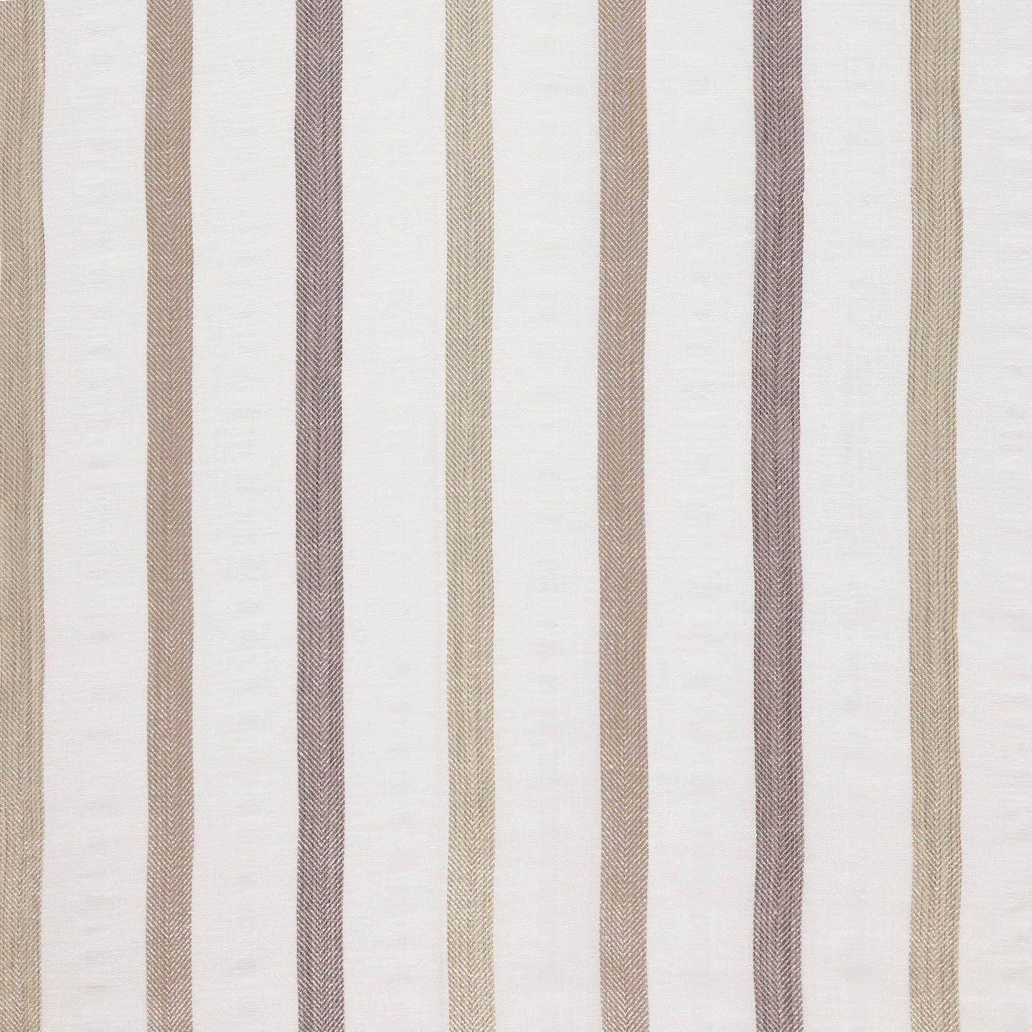 Vertical striped fabric in beige, taupe and cream with linen texture; double width, sheer, suitable for curtains or upholstery.