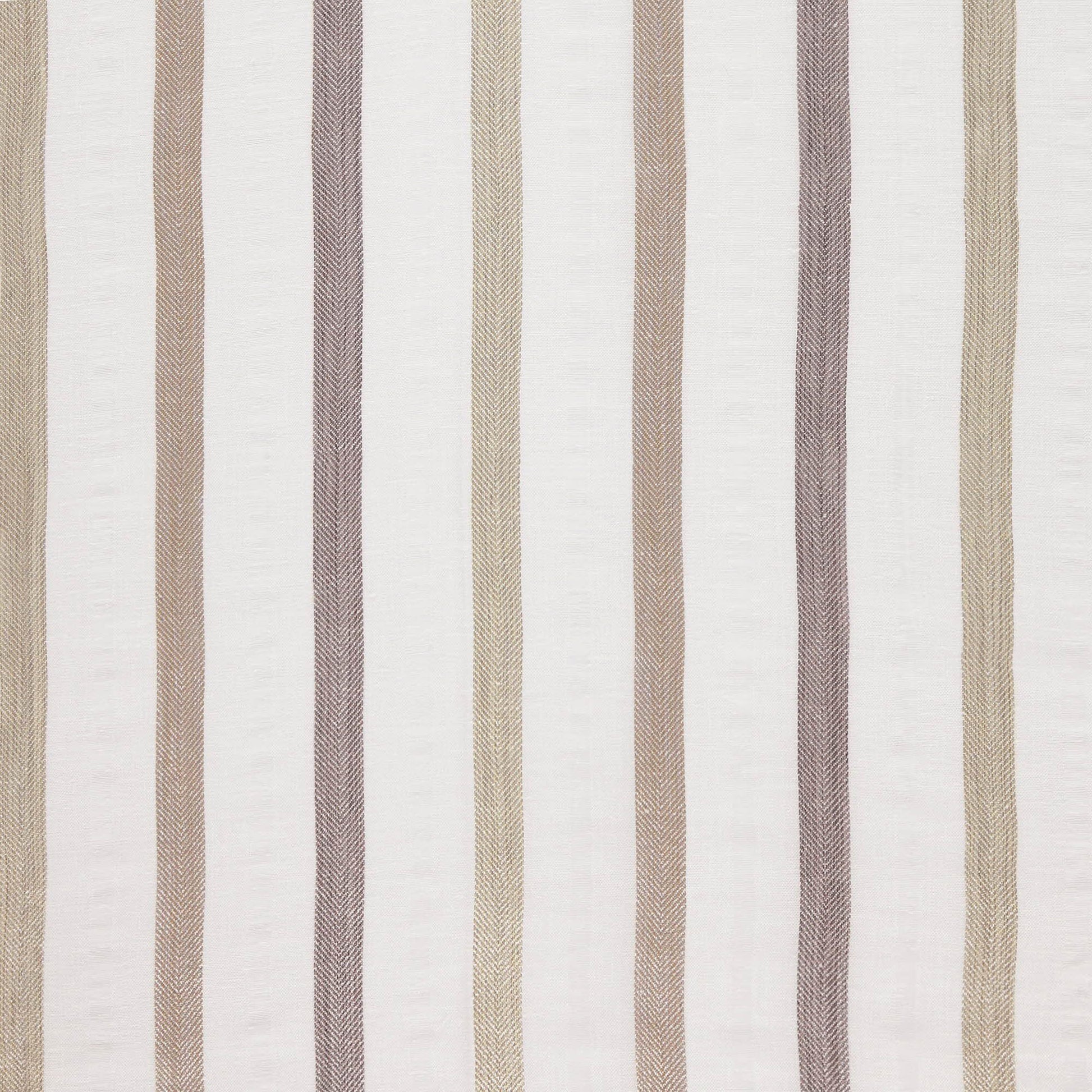 Vertical striped fabric in beige, taupe and cream with linen texture; double width, sheer, suitable for curtains or upholstery.