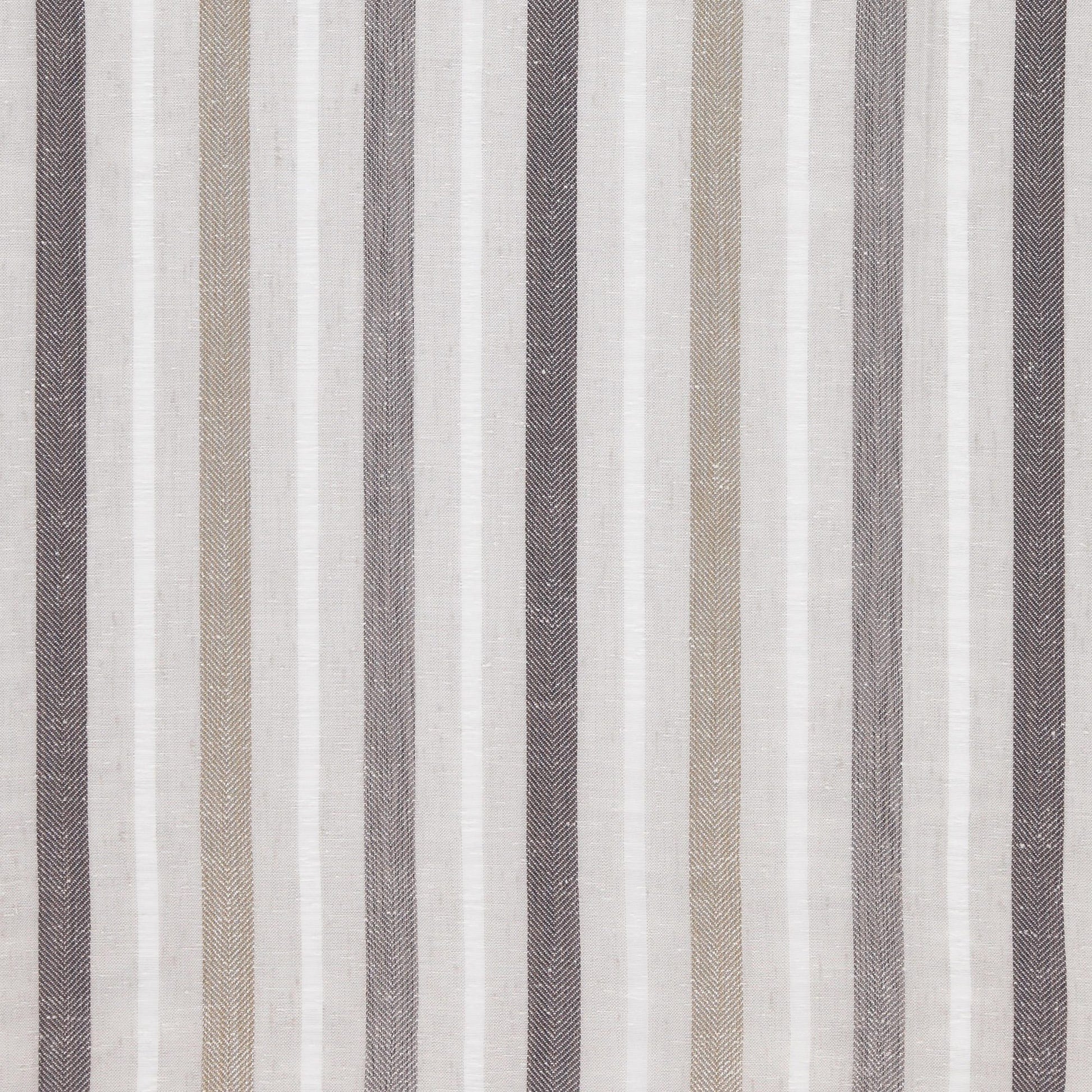 Vertical striped woven fabric in neutral beige, taupe, gray and ivory; upholstery or drapery material.
