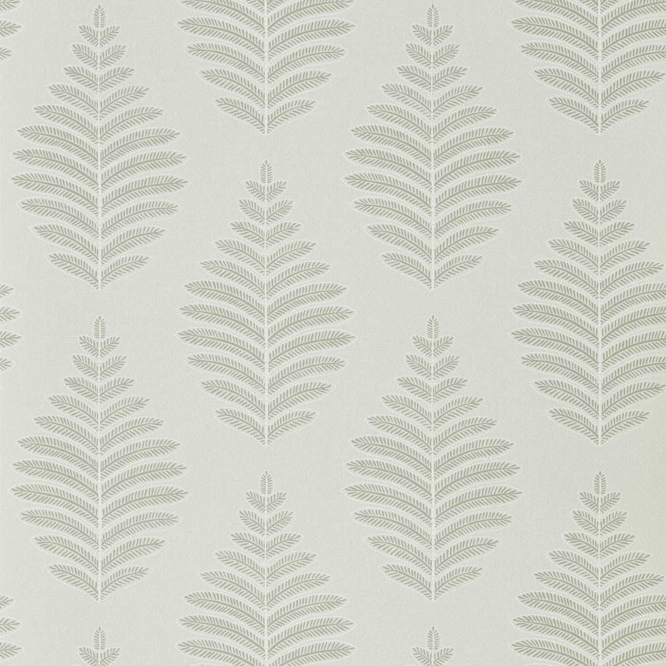 Neutral cream wallpaper with repeating pale gray leaf and tree motifs and a subtle textured background.