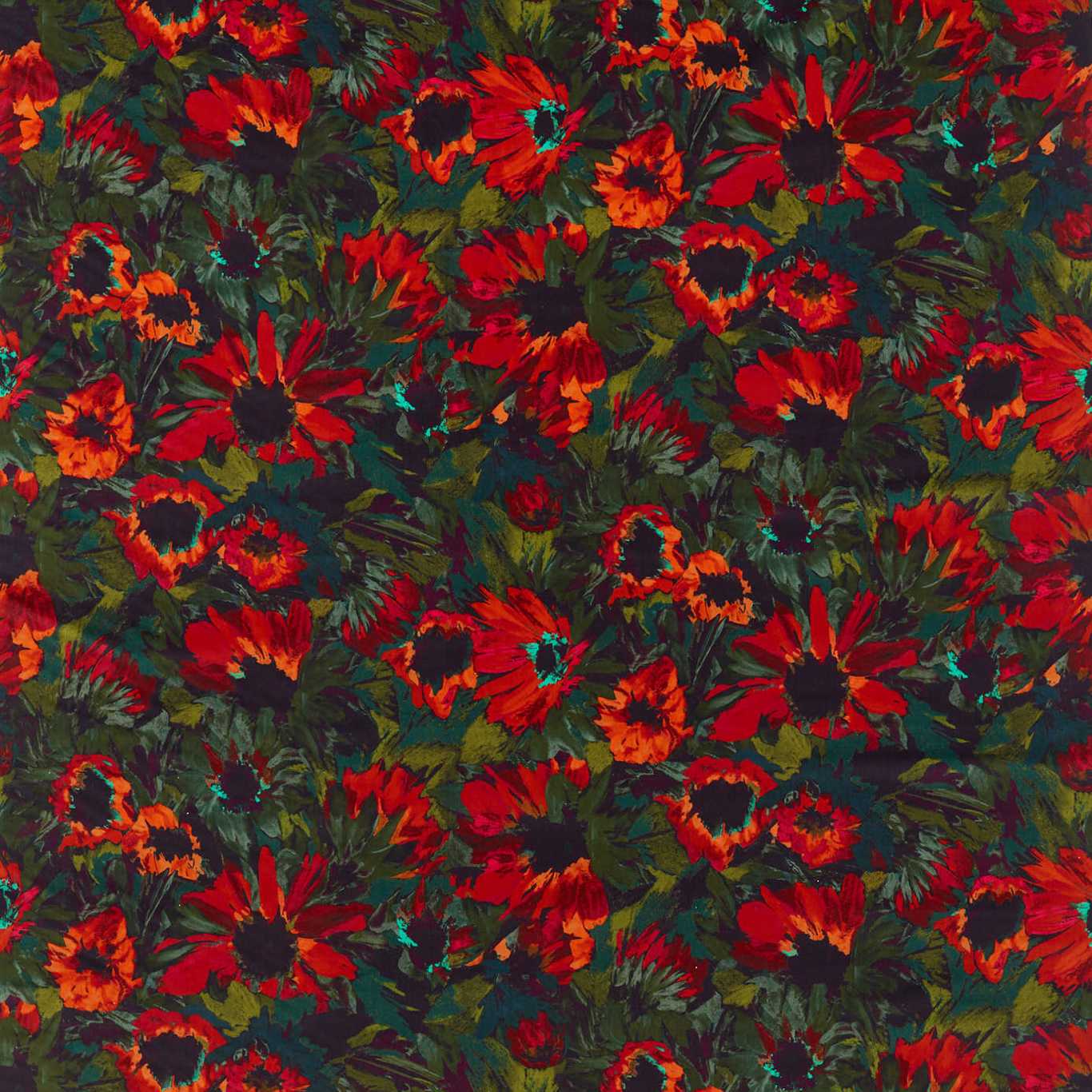 HARLEQUIN Helianthus Fabric Contemporary, Floral Vermillion,Harissa,Fig Leaf   - HQN2121075