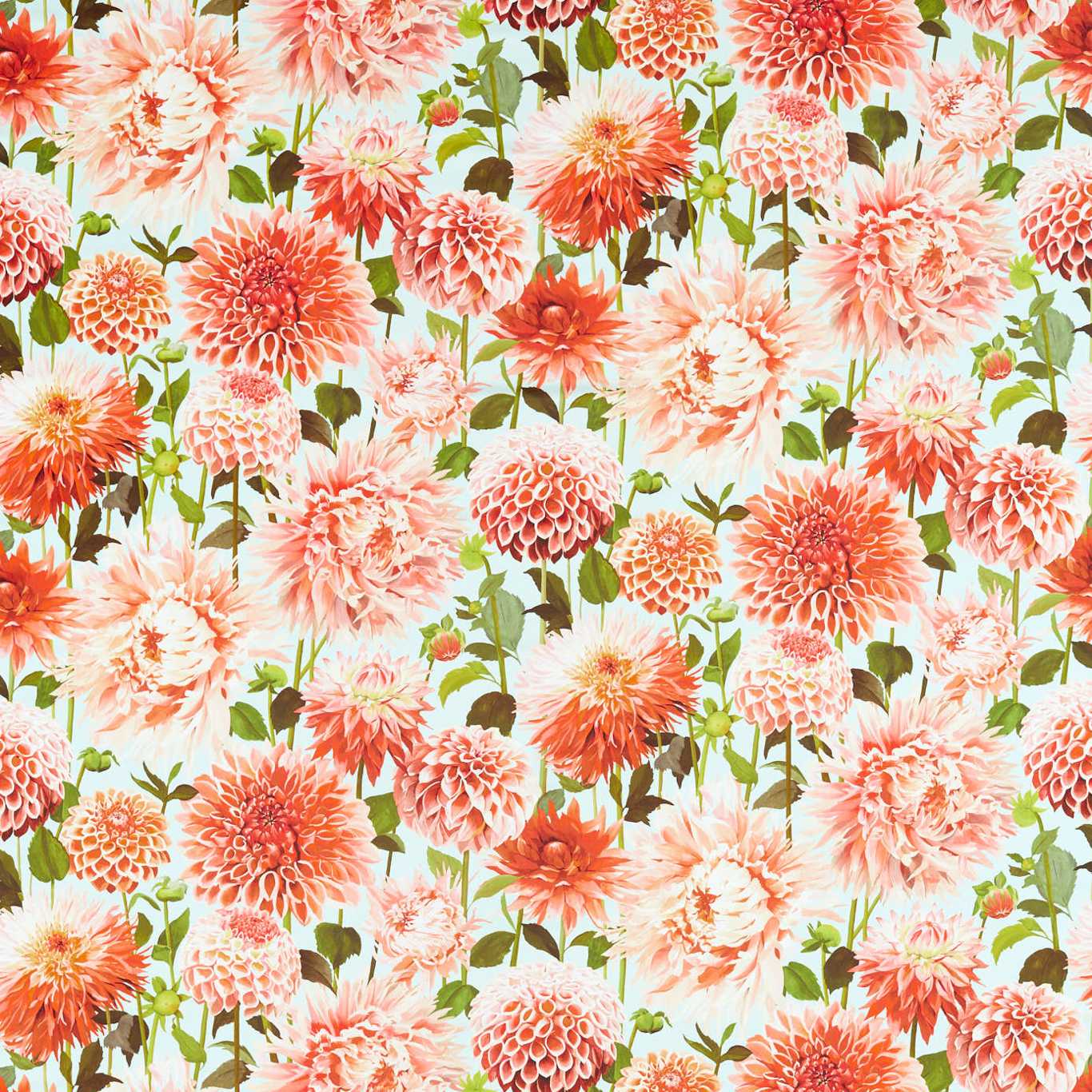 HARLEQUIN Dahlia Fabric Contemporary, Floral Coral,Fig Leaf,Sky   - HQN2121083