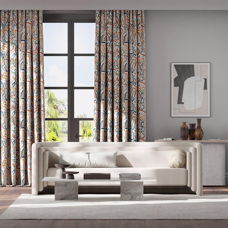 Harlequin Synchronic fabric (HQN2133873) featuring bold abstract graphic motif in Brazilian Rosewood and Onsen Fire tones on a 51% viscose / 27% cotton / 22% linen blend, 54.8″ wide, ideal for upholstery, drapery & feature cushions.