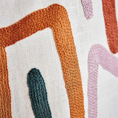 Harlequin Synchronic fabric (HQN2133873) featuring bold abstract graphic motif in Brazilian Rosewood and Onsen Fire tones on a 51% viscose / 27% cotton / 22% linen blend, 54.8″ wide, ideal for upholstery, drapery & feature cushions.