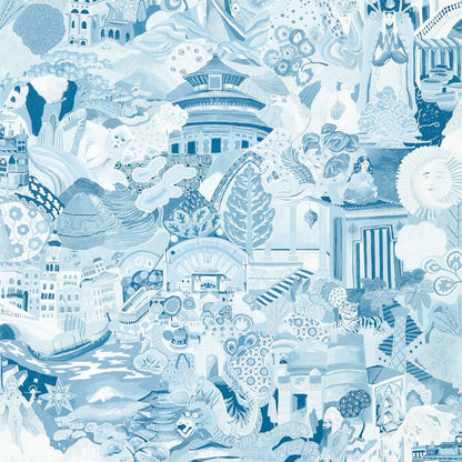 Journey of Discovery Wallpaper in Wild Water and Exhale by Harlequin featuring an ornate hand-painted cartographic design inspired by the Silk Road. Detailed artwork includes mythical dragons, snow leopards, giant pandas, emperors, goddesses, and iconic landmarks in blue-green tones. Luxury designer wallpaper ideal for statement walls, maximalist interiors, dining rooms, living rooms, home libraries, and sophisticated home décor projects.