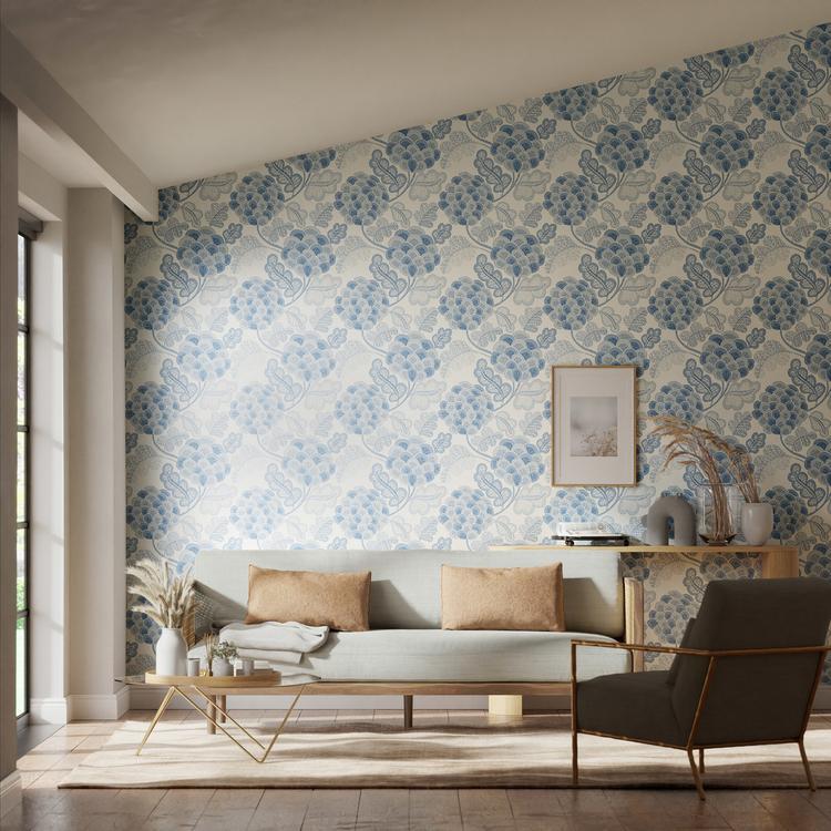 Harlequin “Flourish” HQN3112936 wallpaper showing botanical and floral trail motif in soft tones, straight match pattern, paste‑the‑wall, spongeable surface, suited for luxe interiors